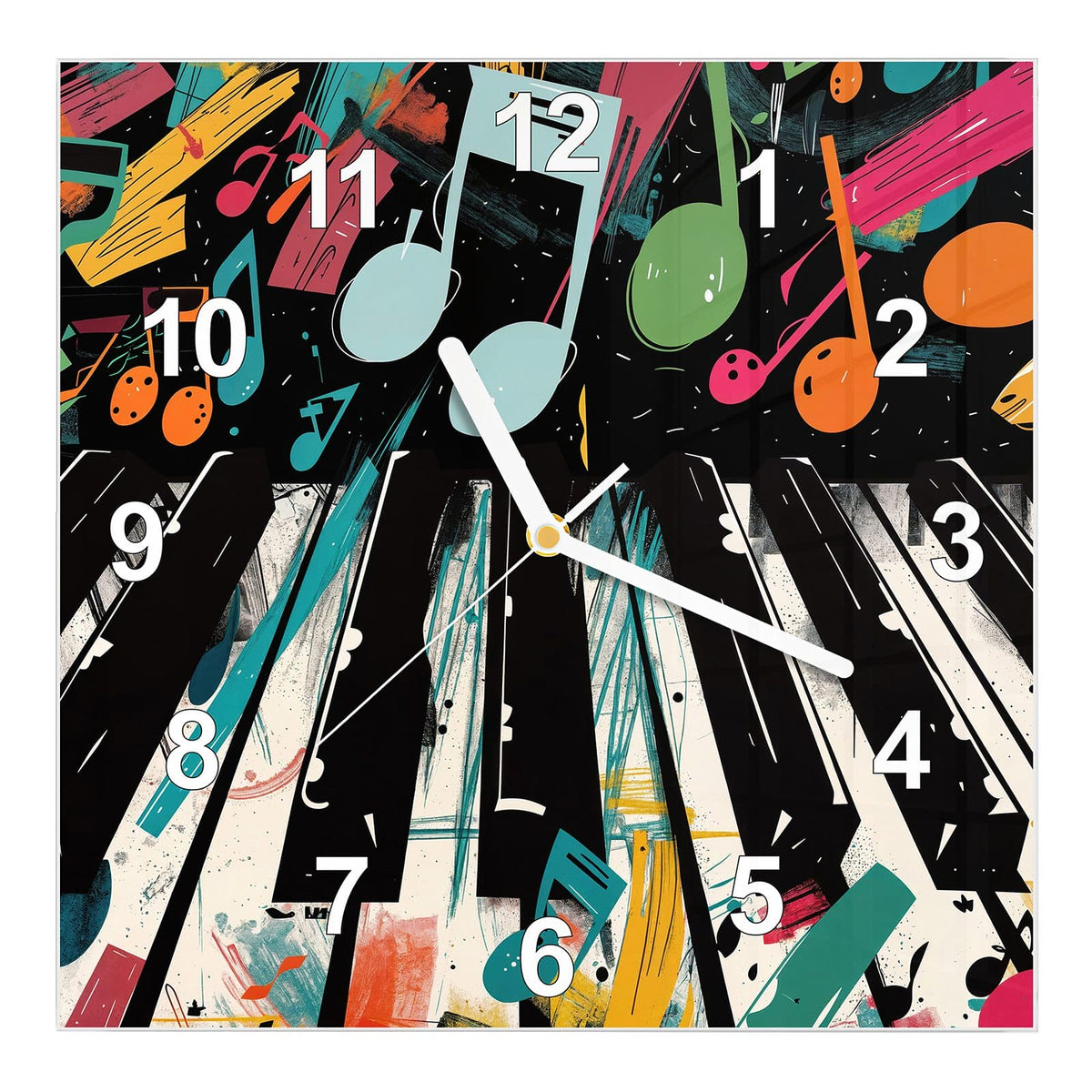 Wanduhr aus Glas, Ziffernblatt Modern mit Motiv Klaviertasten und Noten: Klaviertasten in Untersicht, darüber große bunte Musiknoten auf Schwarz #ziffernblatt_Modern
