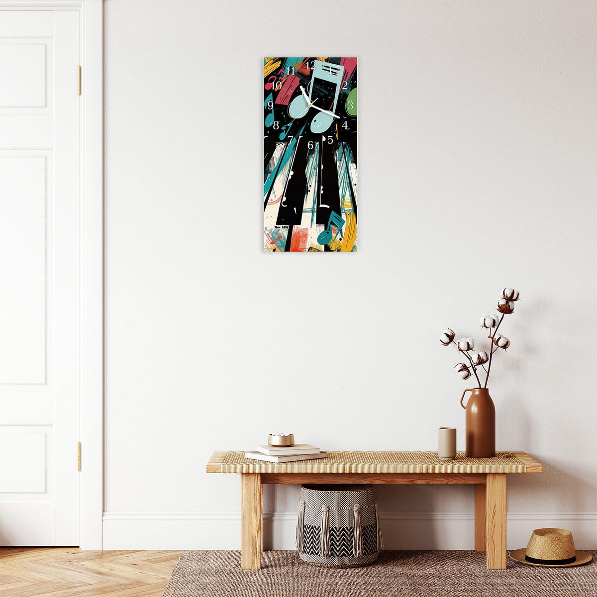 Moderne Wanduhr aus Glas mit Farbtiefe – Wanduhr Musiknoten Klavier aus Glas – Hochformat 30 × 60 cm