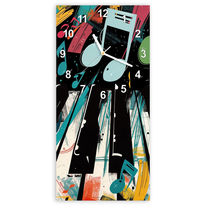 Wanduhr Musiknoten Klavier aus Glas – Hochformat 30 × 60 cm mit Ziffernblatt Modern
