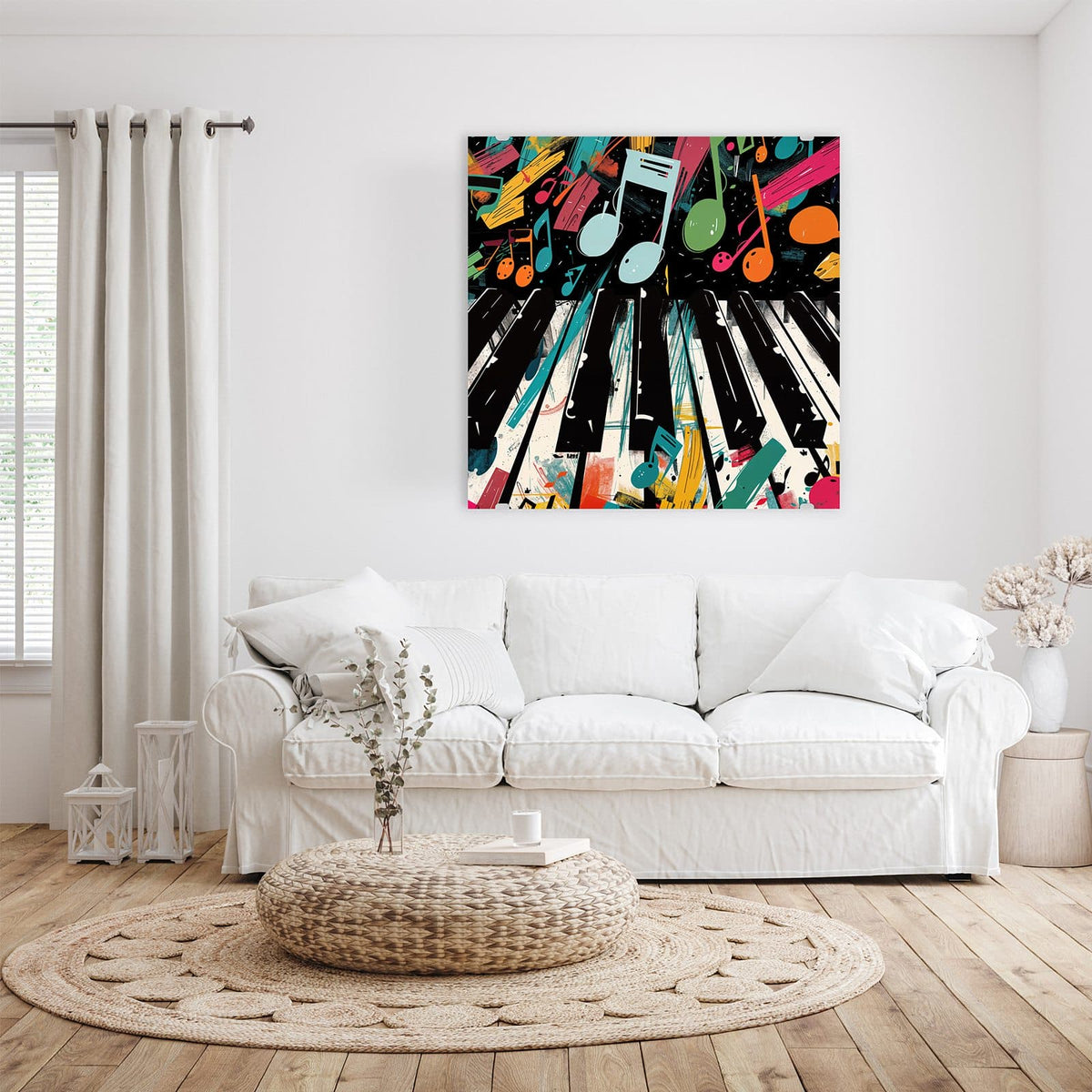 Glasbild Klaviertasten und Noten an der Wand – Klaviertasten in Untersicht, darüber große bunte Musiknoten auf Schwarz