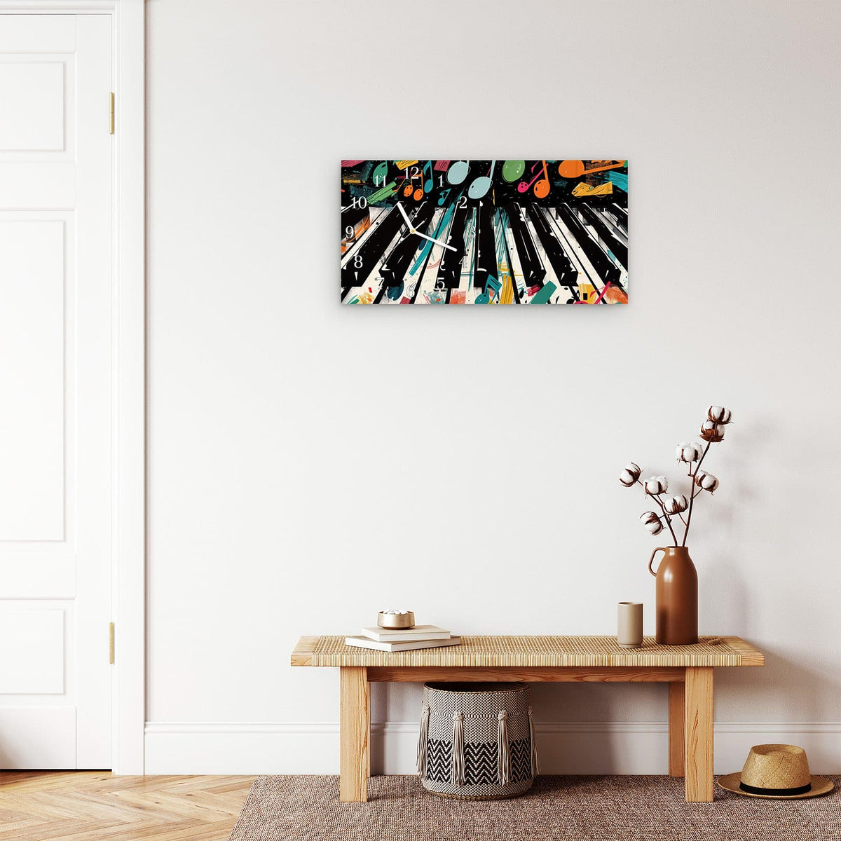 Moderne Wanduhr aus Glas mit Farbtiefe – Wanduhr Musiknoten Klavier aus Glas – Querformat 60 × 30 cm