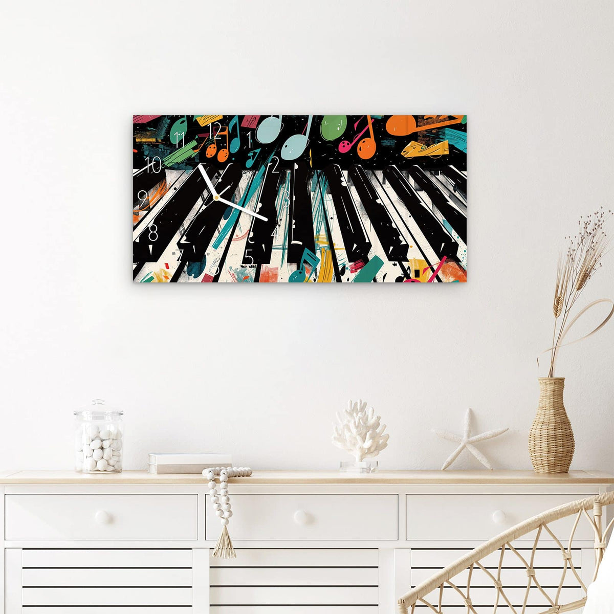 Wanduhr Musiknoten Klavier aus Glas – Querformat 60 × 30 cm – Klaviertasten mit bunten Farbspritzern
