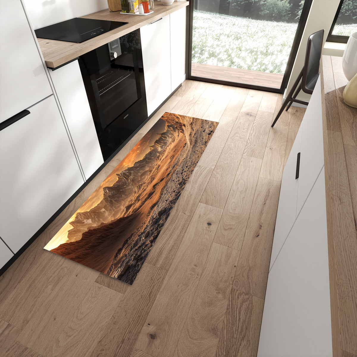 Komfortabler Küchenteppich mit Motiv Fremder Planet in moderner Küche