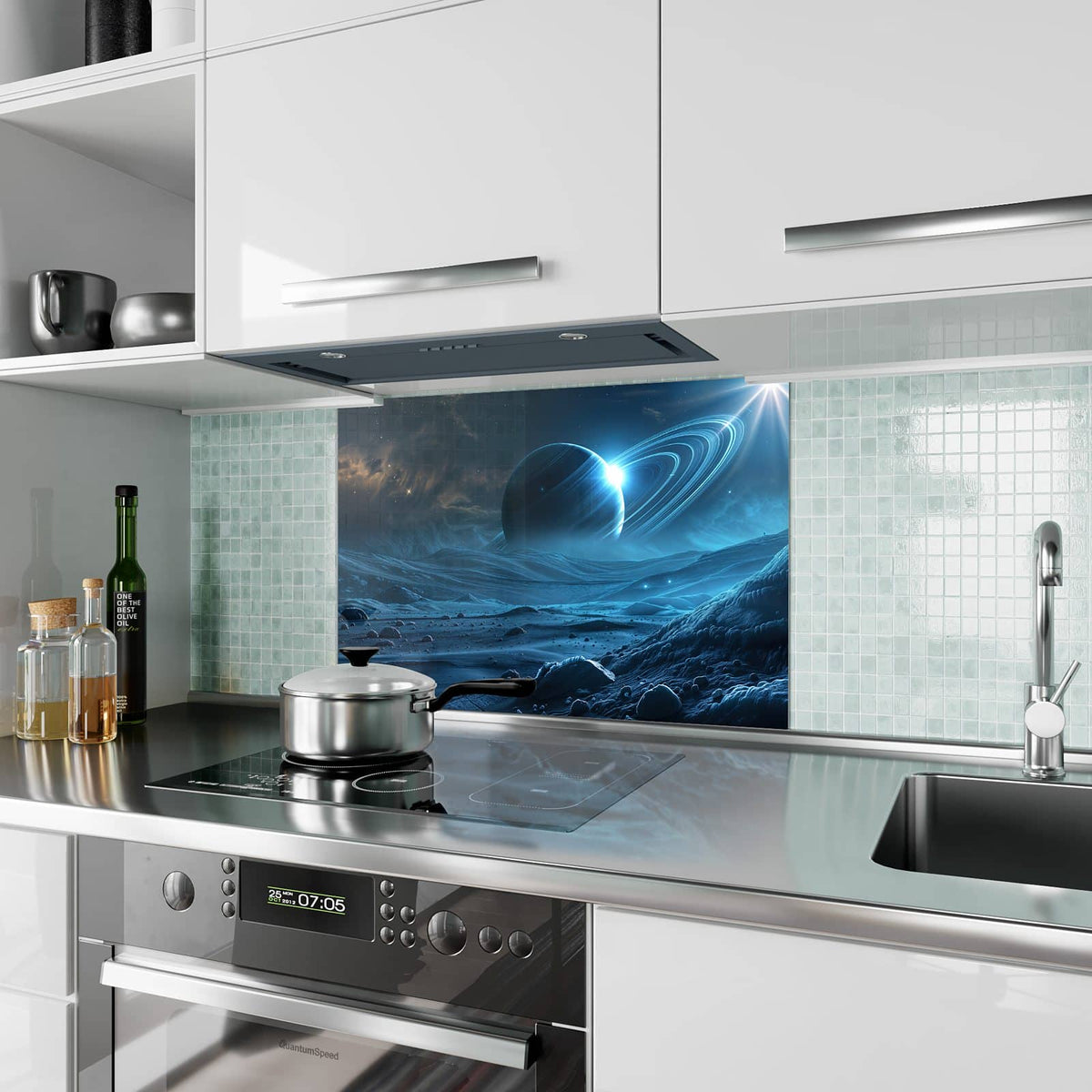 Küchenrückwand aus Glas Planet über der Wüste im Hochformat als Spritzschutz hinter dem Kochfeld, über dem Fliesenspiegel montiert