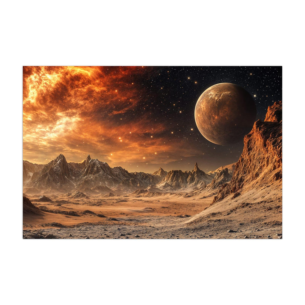 Küchenrückwand aus Glas Planet über der Wüste im Hochformat, Motiv bildfüllend von vorn