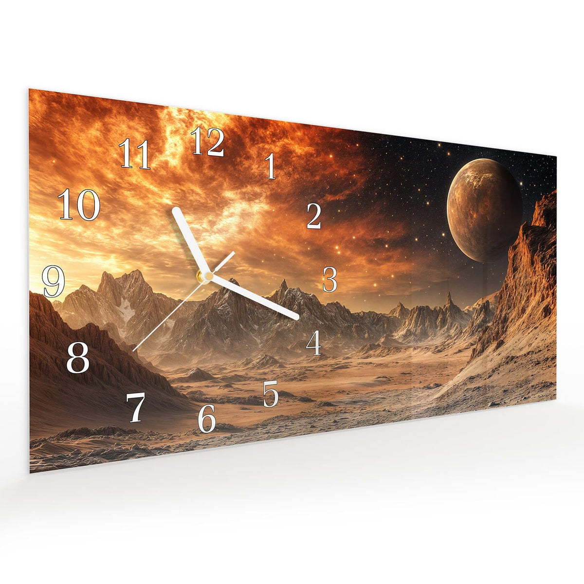 Vormontiert – mit Schwebeeffekt – Wanduhr Fremder Planet aus Glas – Querformat 60 × 30 cm