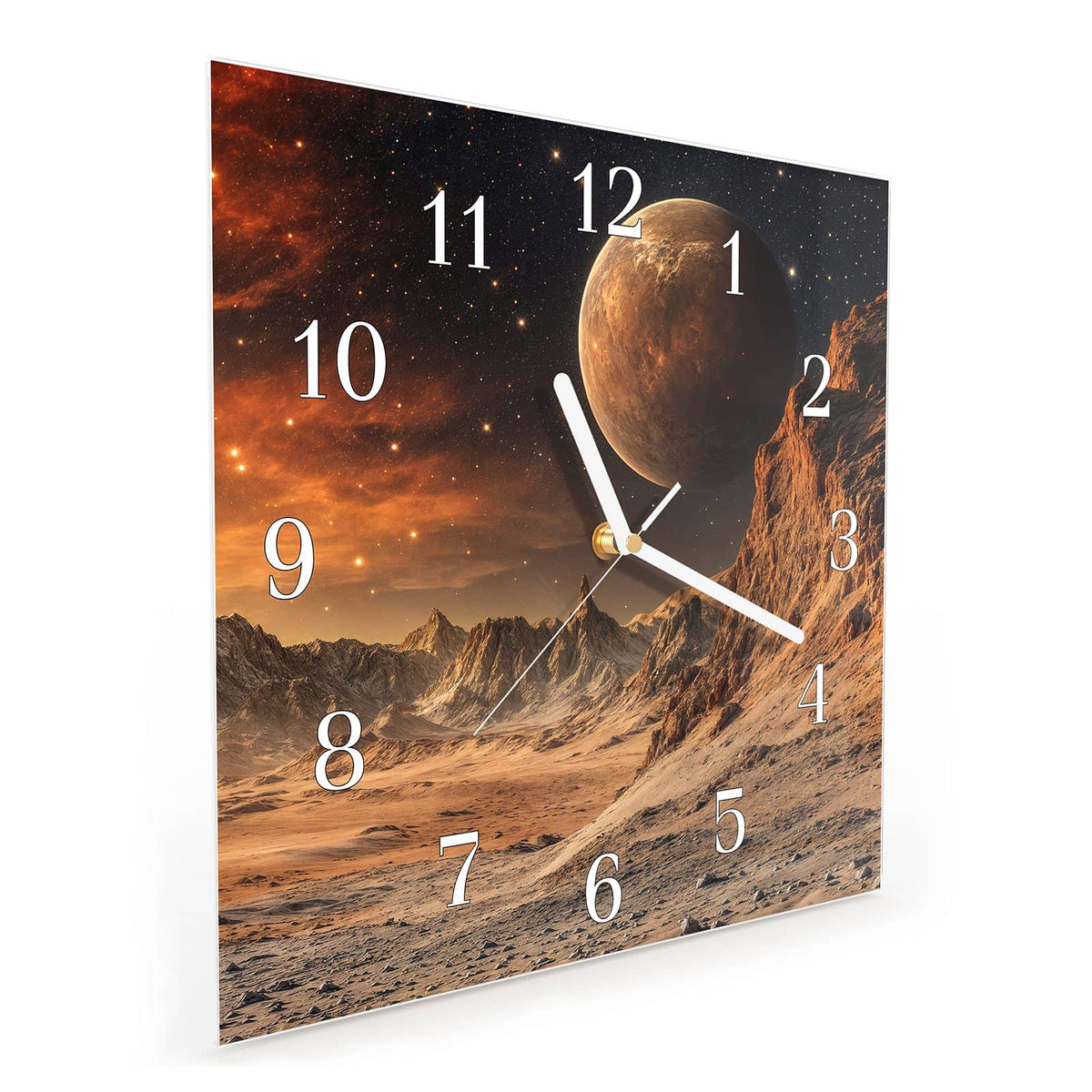 Quadratische Wanduhr aus Glas Planet über der Wüste schräg von der Seite, 4 mm starkes Glas