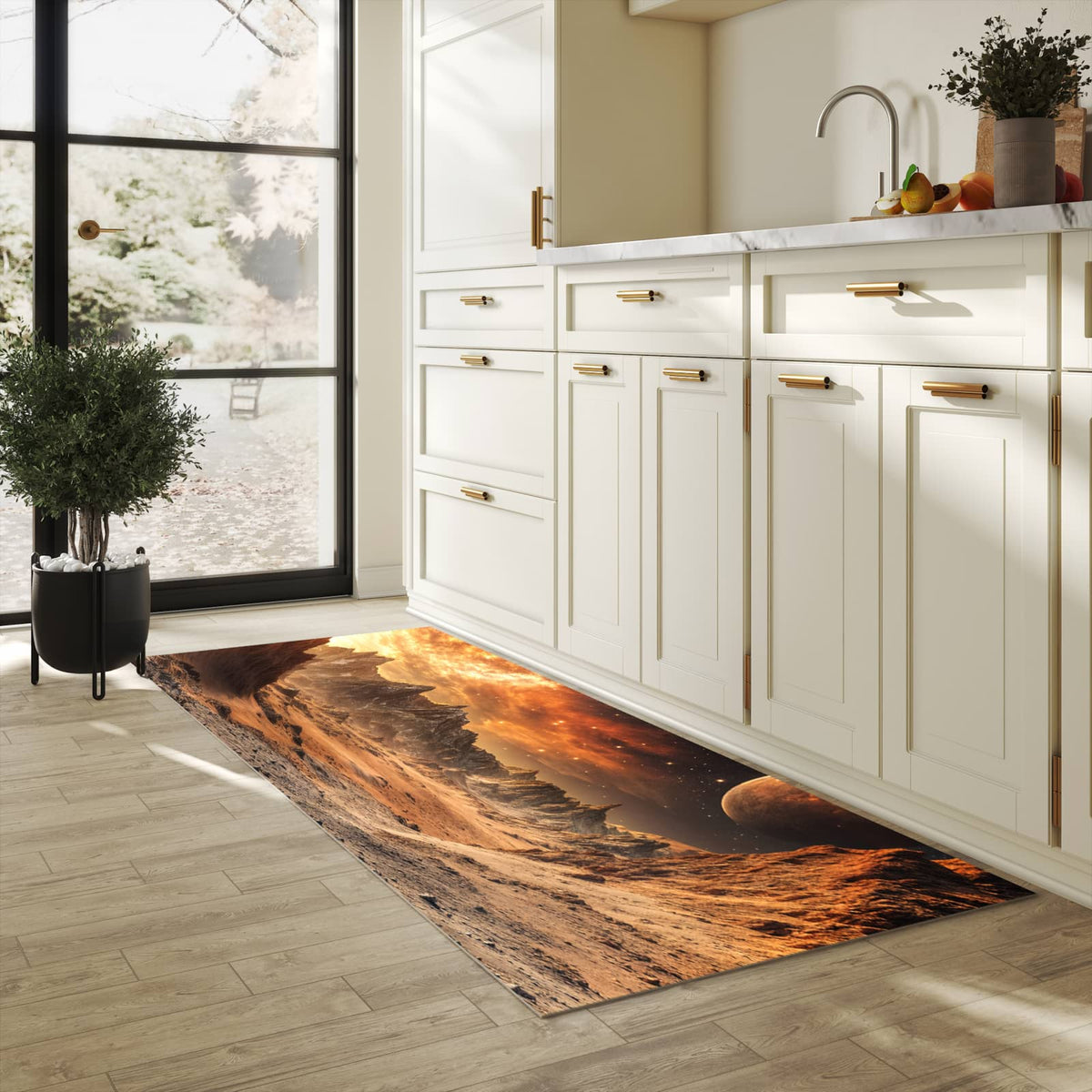 Feuchtigkeitsresistenter Teppich für Küche mit Motiv Fremder Planet in heller Küche
