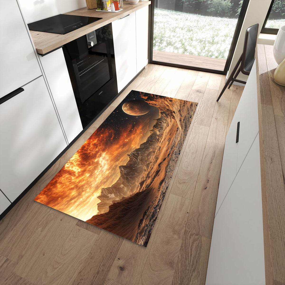 Bodenschonender Küchenläufer mit Motiv Fremder Planet in moderner Küche