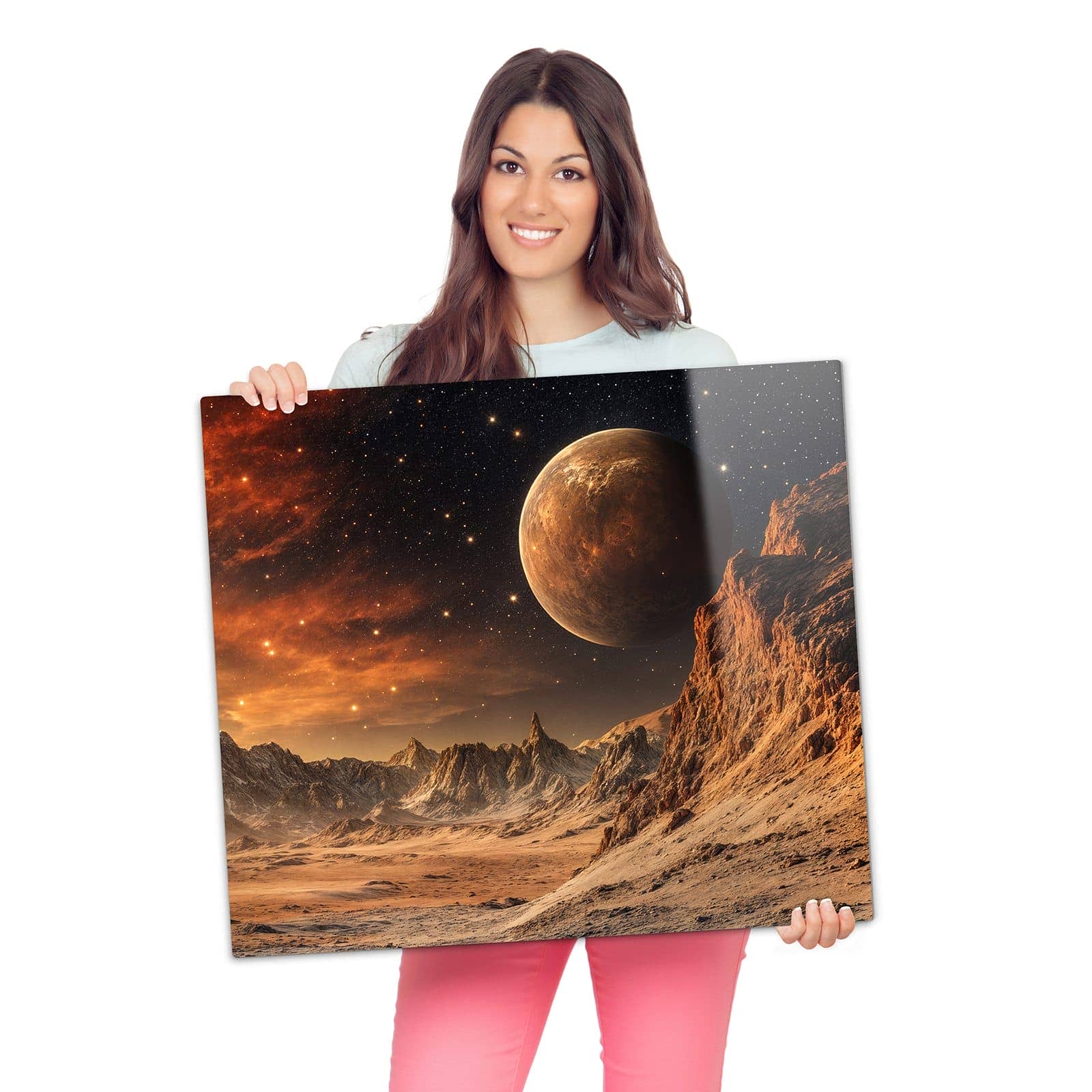 Herdabdeckplatte für Ceranfeld mit Fremder Planet-Motiv wird zur Größendarstellung gehalten