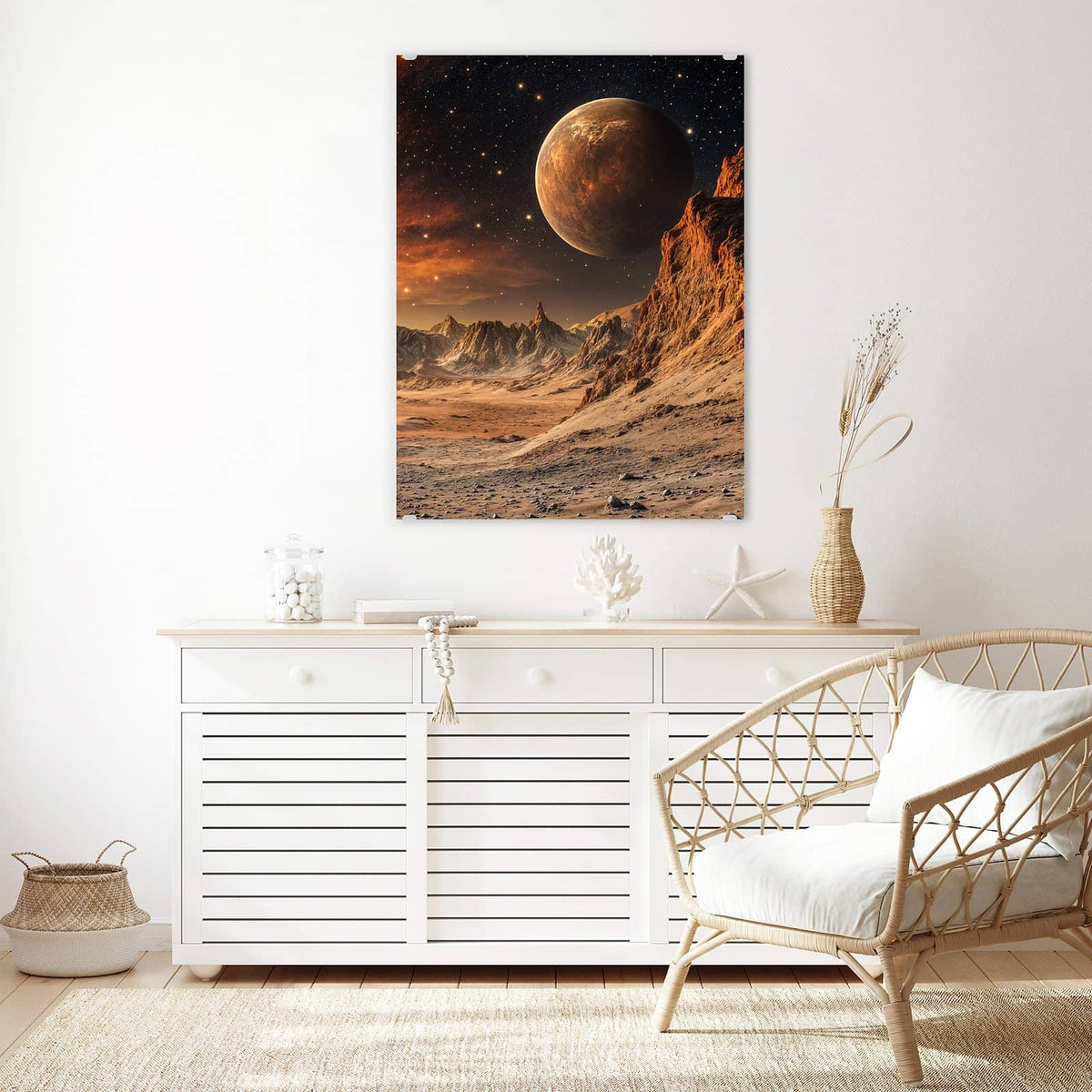 Aufhängung liegt bei – Motiv später wechselbar – Wandbild - Planet über der Wüste - Hochformat