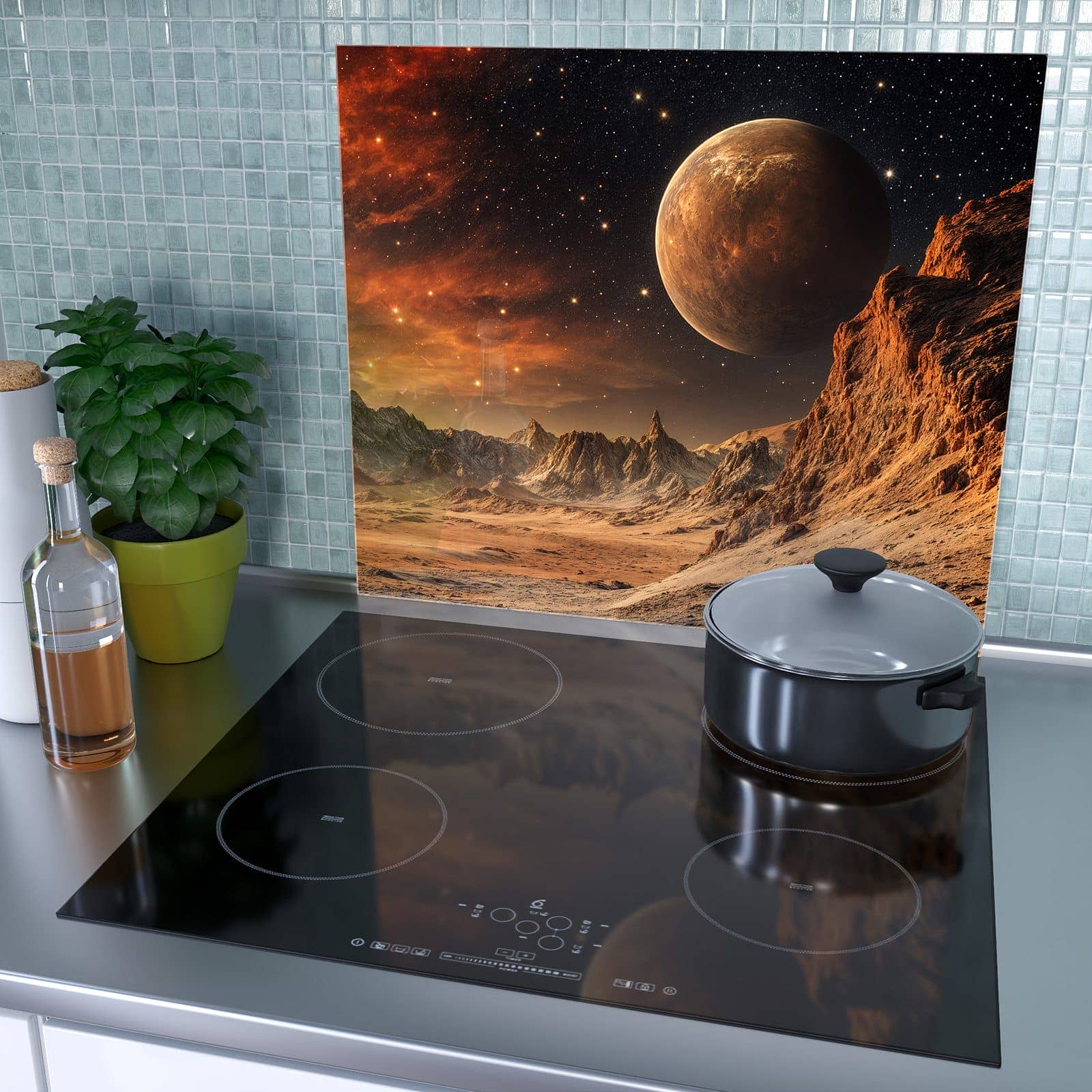 1-teilige Abdeckplatten für Herd mit Fremder Planet-Motiv als Spritzschutz hinter dem Kochfeld