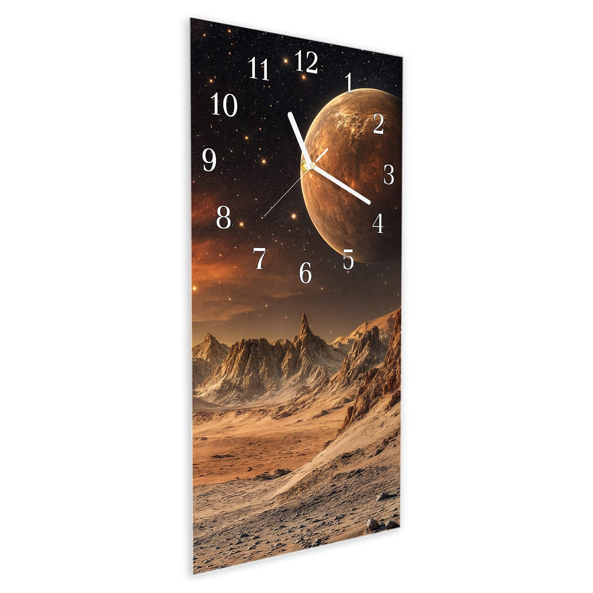 Vormontiert – mit Schwebeeffekt – Wanduhr Fremder Planet aus Glas – Hochformat 30 × 60 cm