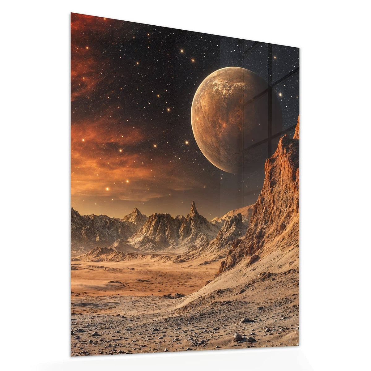 Echtglas, 4 mm – kein Acryl, keine Folie – Wandbild - Planet über der Wüste - Hochformat