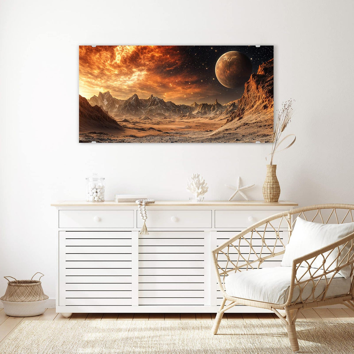 Echtglas, 4 mm – kein Acryl, keine Folie – Wandbild - Planet über der Wüste - Querformat