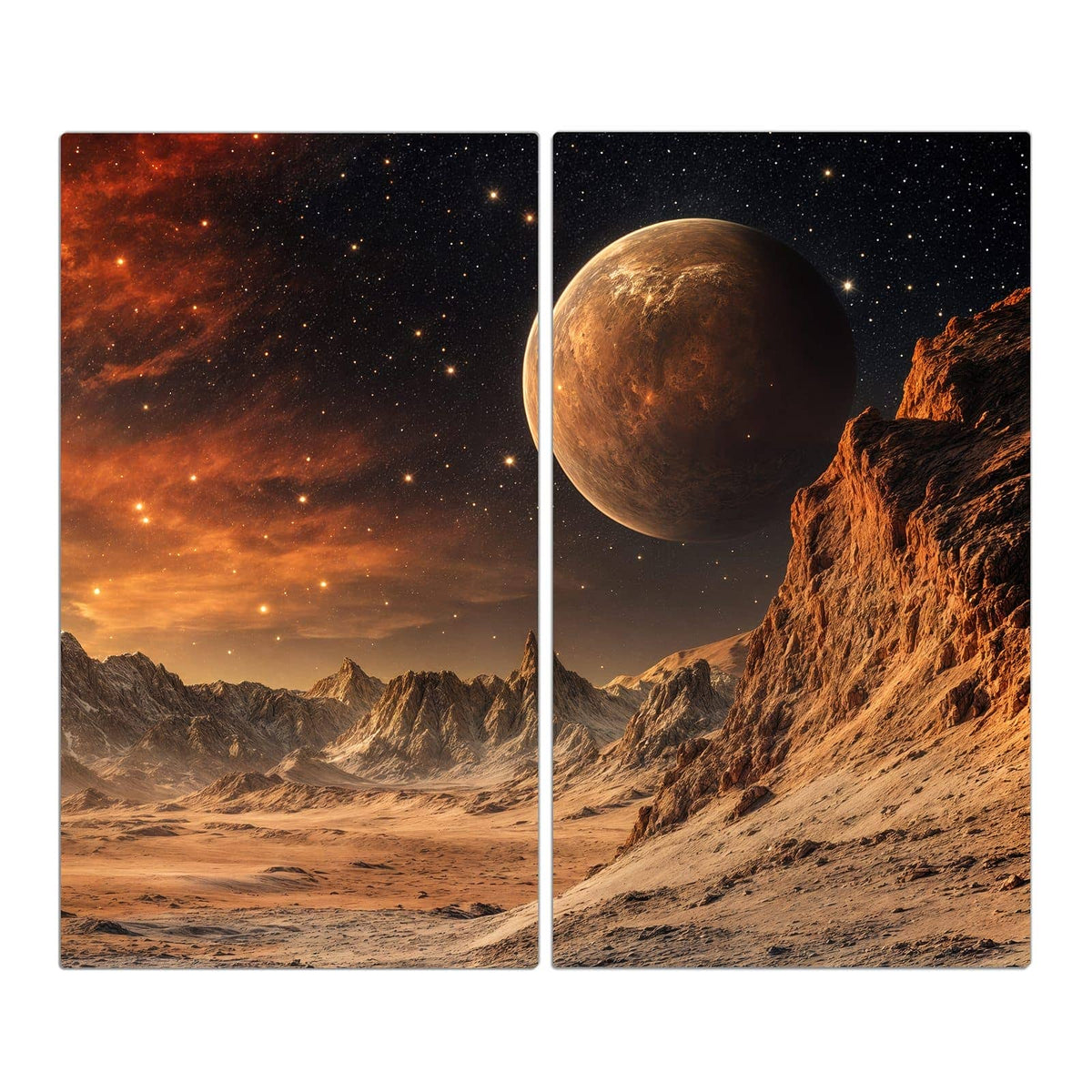 Steinige rote Wüstenlandschaft mit Felskante, darüber ein großer beiger Planet