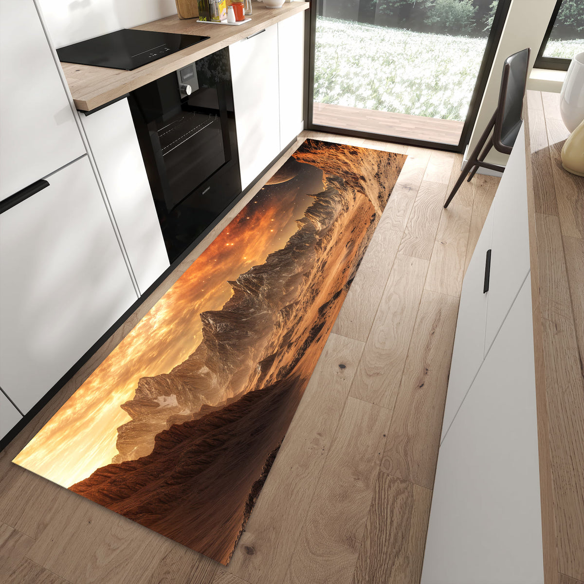 Bodenschonender Küchenteppich mit Motiv Fremder Planet in moderner Küche