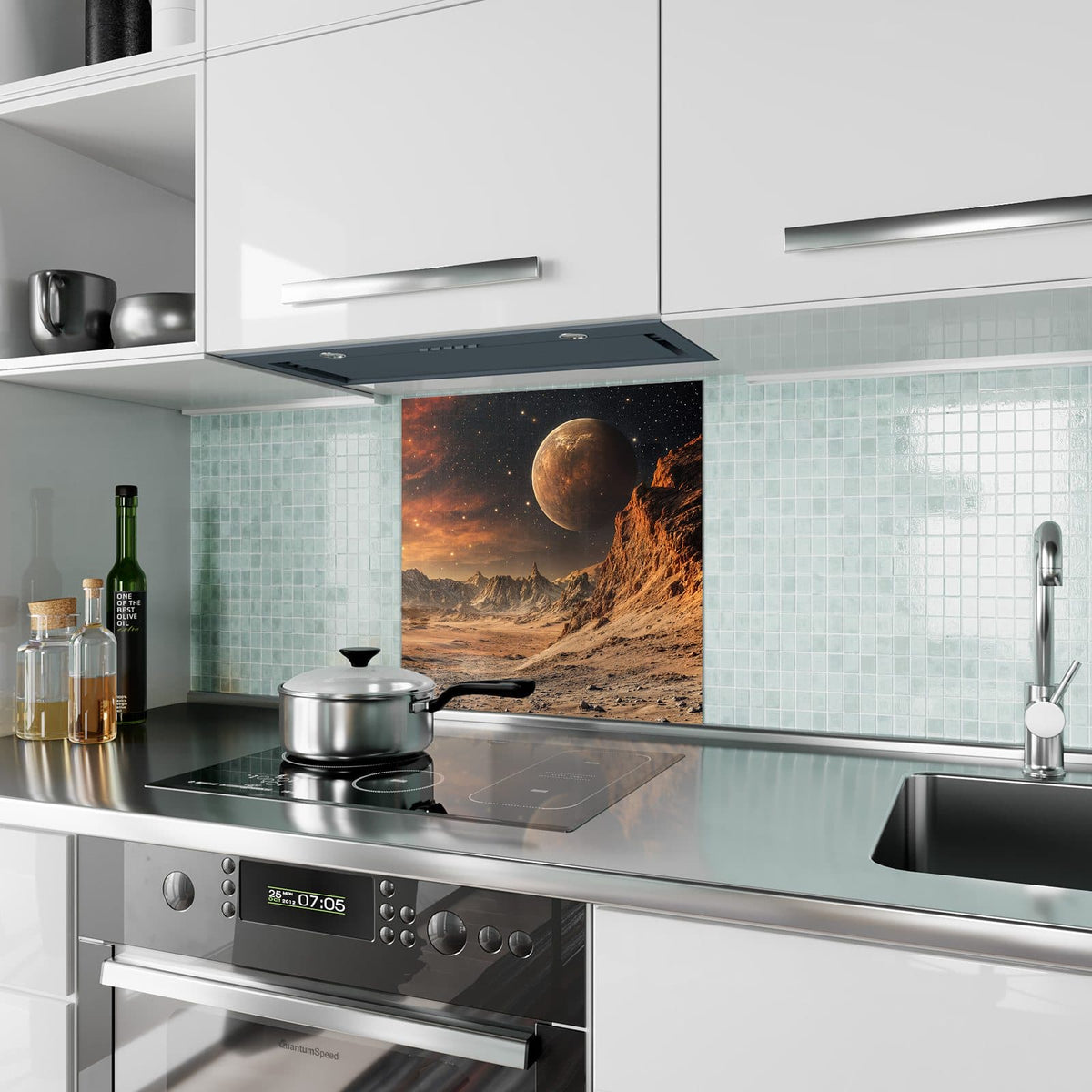 Küchenrückwand Planet über der Wüste aus Glas – Großer Planet über roter Wüste