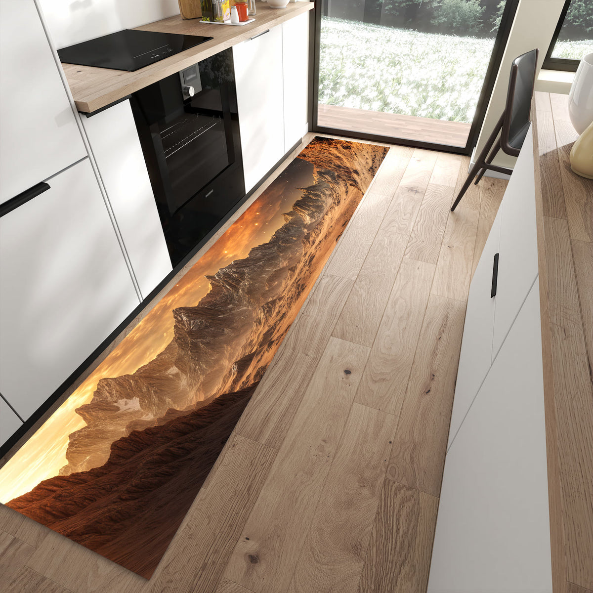 Waschbarer Küchenteppich mit Motiv Fremder Planet in moderner Küche