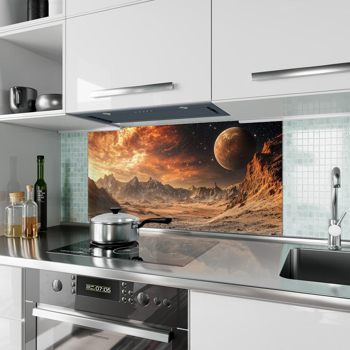 Küchenrückwand aus Glas Planet über der Wüste im Hochformat als Spritzschutz hinter dem Kochfeld, über dem Fliesenspiegel montiert