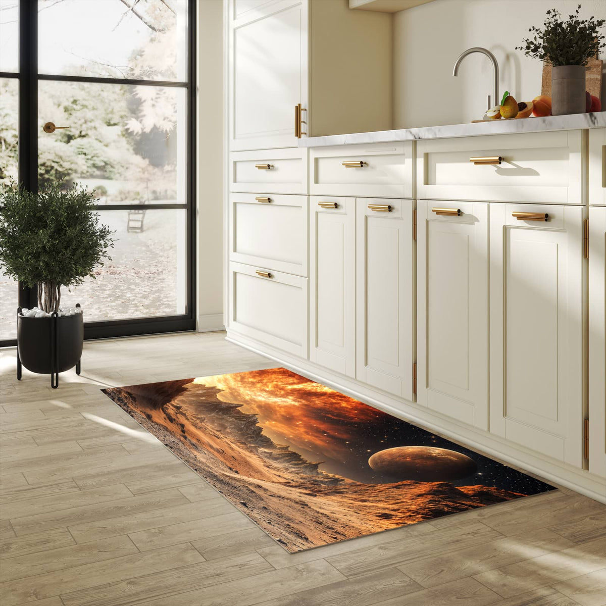 Rutschfester Küchenteppich mit Motiv Fremder Planet in heller Küche
