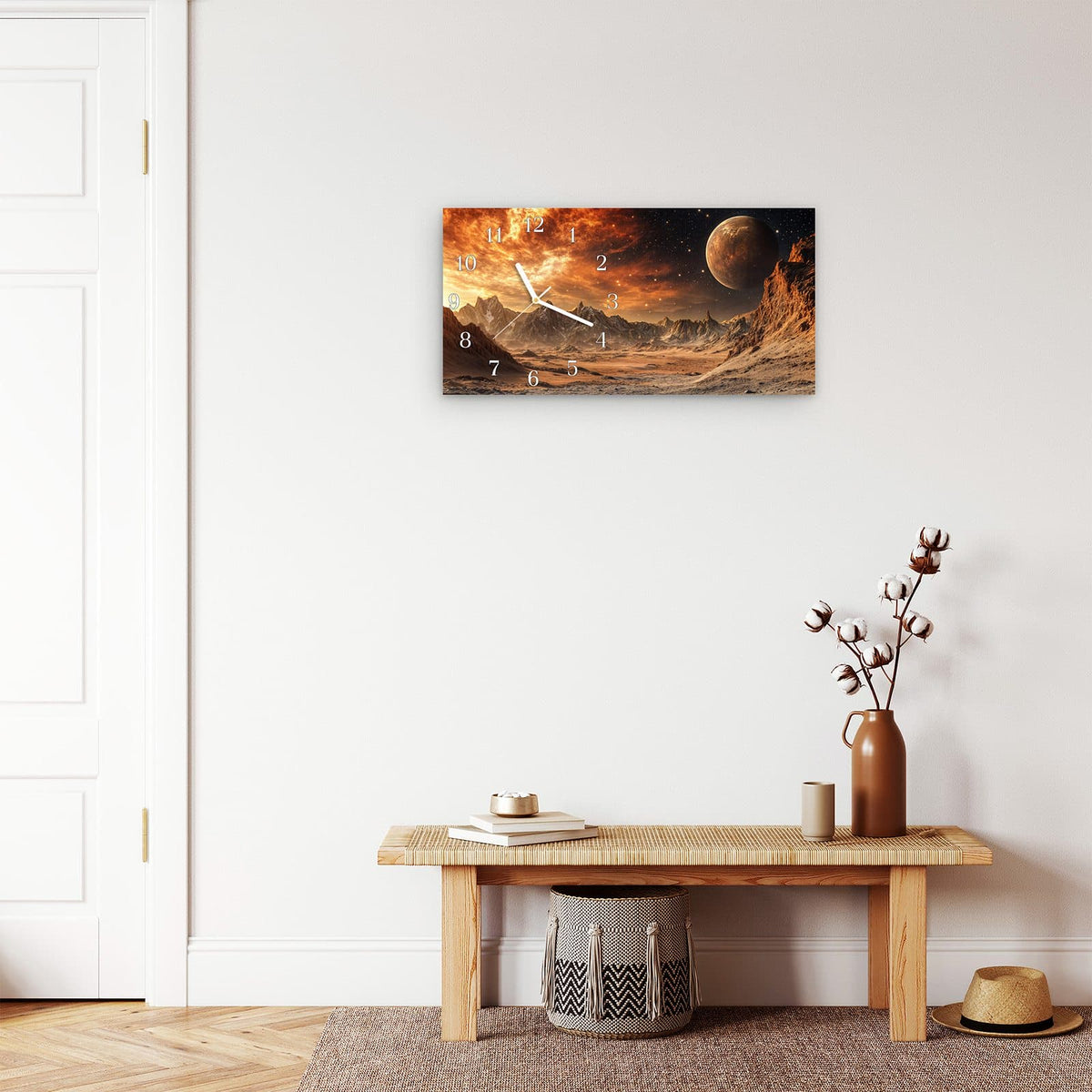 Moderne Wanduhr aus Glas mit Farbtiefe – Wanduhr Fremder Planet aus Glas – Querformat 60 × 30 cm