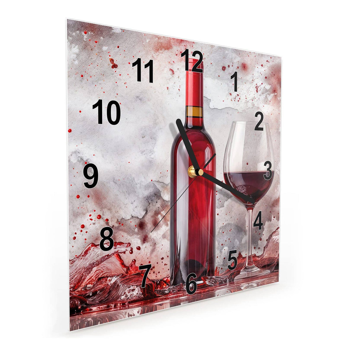 Quadratische Wanduhr aus Glas Weinflasche im Spritzer schräg von der Seite, 4 mm starkes Glas