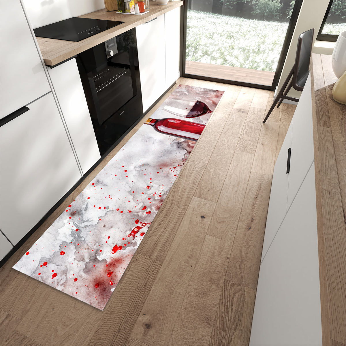 Abriebfester Küchenteppich mit Motiv Rotwein mit Glas in moderner Küche