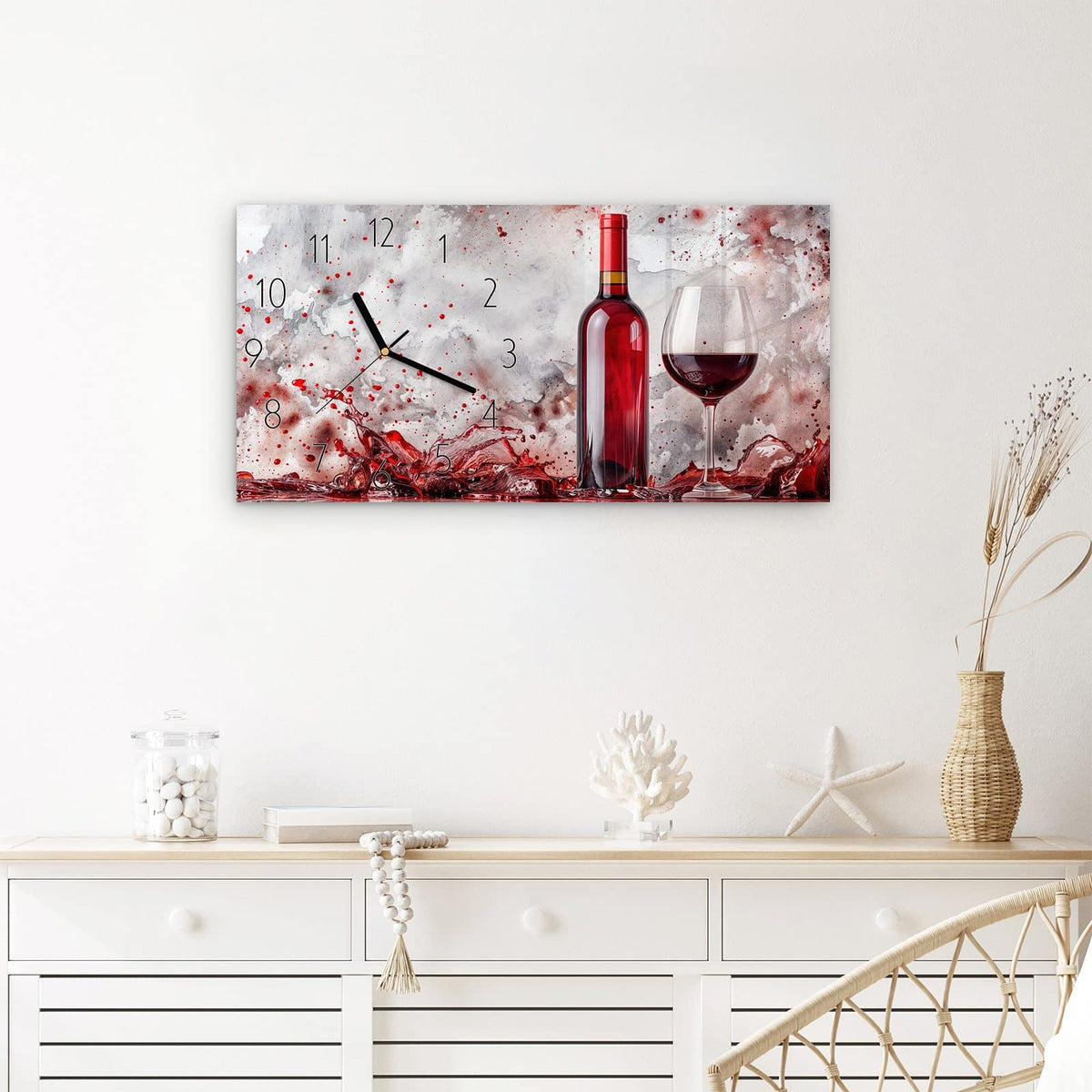 Wanduhr Rotwein mit Glas aus Glas – Querformat 60 × 30 cm – Spritzender Rotwein um Flasche und Glas