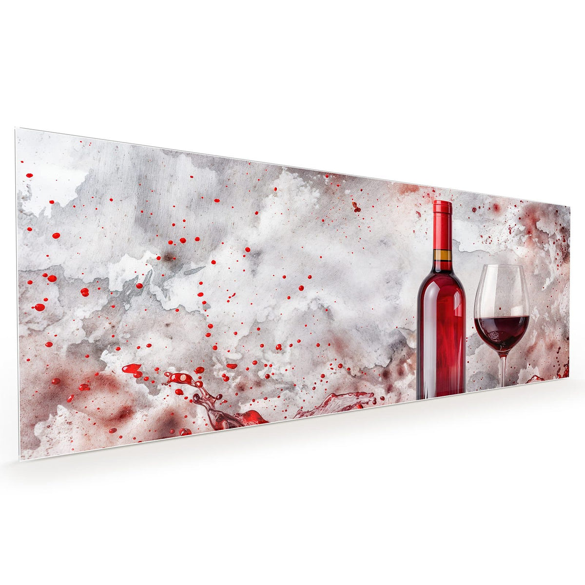 Küchenrückwand aus Glas im Hochformat mit Motiv Weinflasche im Spritzer: Rotweinflasche und gefülltes Glas, ringsum rote Weinspritzer vor marmoriertem Grund #grösse_40 x 100 cm #grösse_50 x 125 cm #grösse_60 x 150 cm