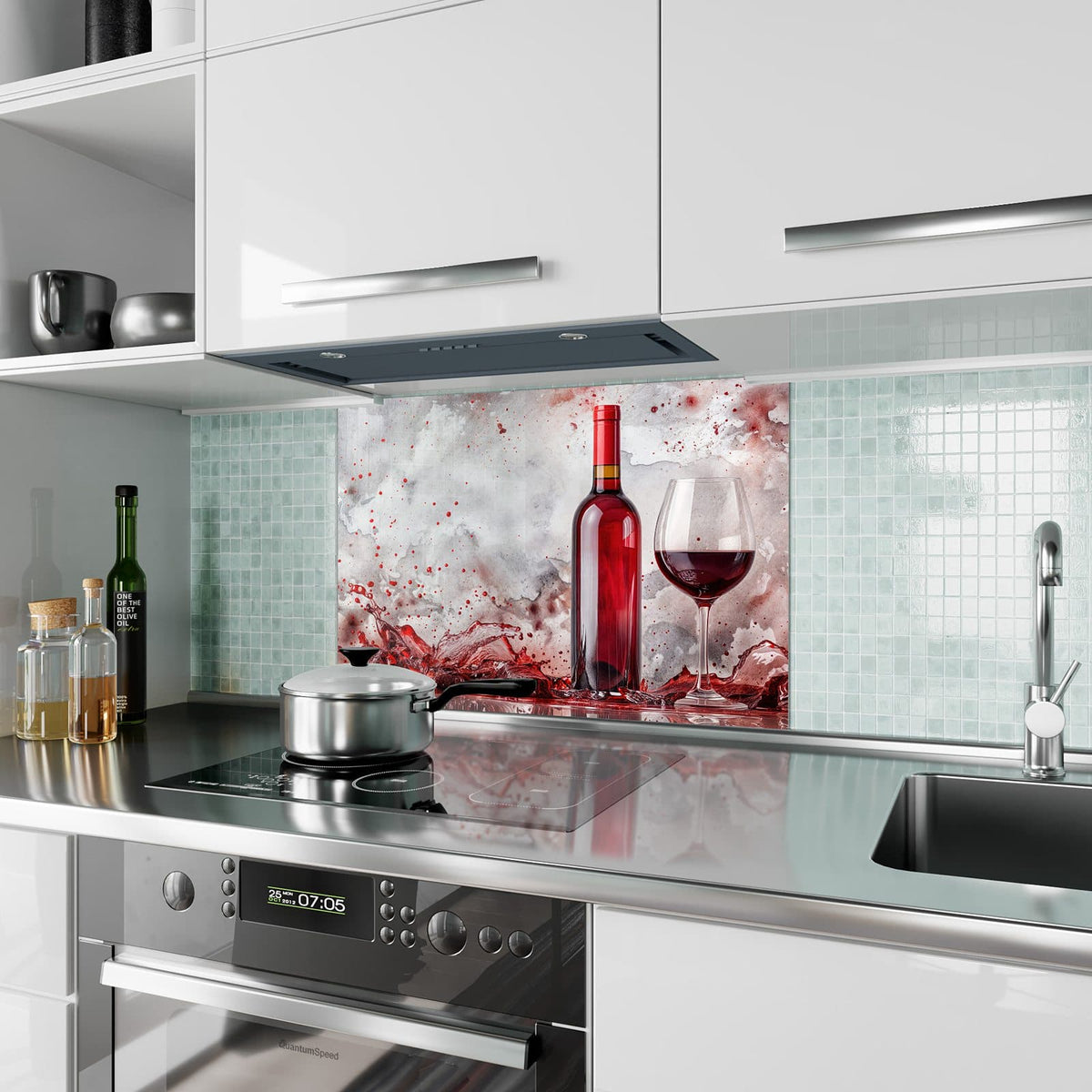 Küchenrückwand aus Glas Weinflasche im Spritzer im Hochformat als Spritzschutz hinter dem Kochfeld, über dem Fliesenspiegel montiert