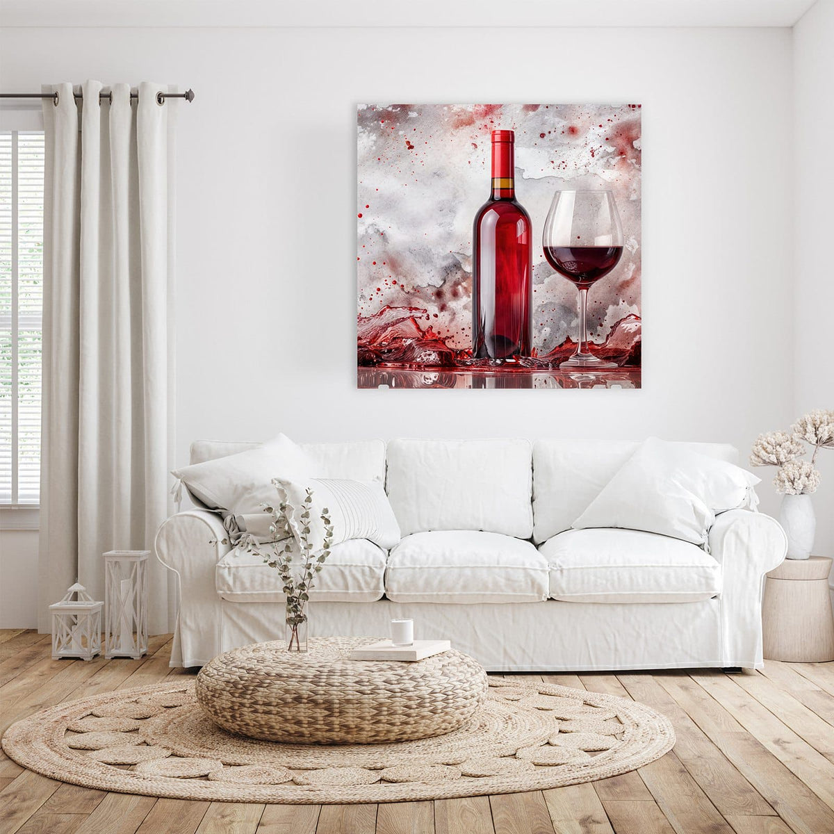 Glasbild Weinflasche im Spritzer an der Wand – Rotweinflasche und gefülltes Glas, ringsum rote Weinspritzer vor marmoriertem Grund
