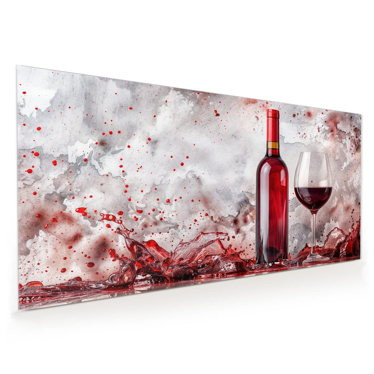 Küchenrückwand aus Glas im Hochformat mit Motiv Weinflasche im Spritzer: Rotweinflasche und gefülltes Glas, ringsum rote Weinspritzer vor marmoriertem Grund