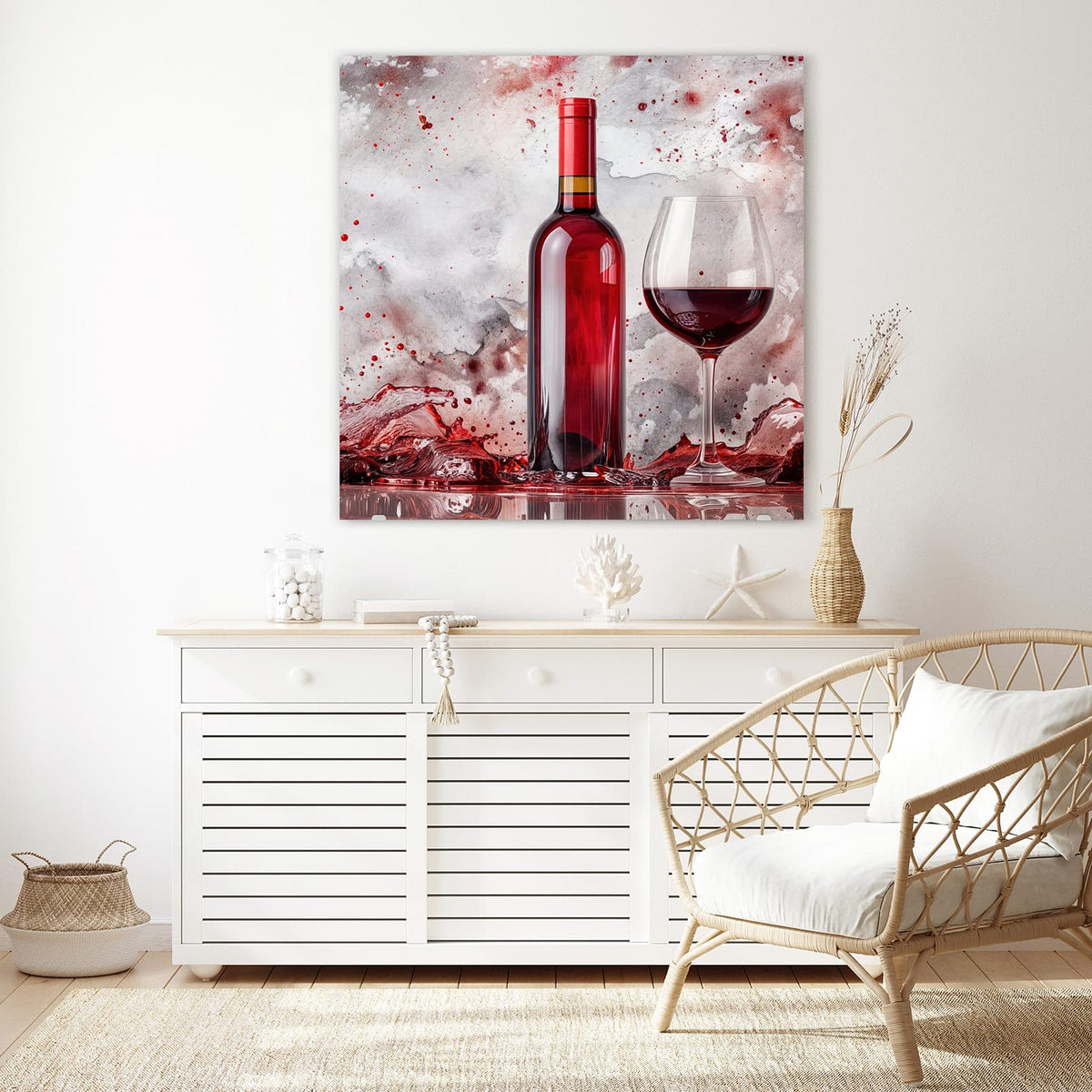 Echtglas, 4 mm – kein Acryl, keine Folie – Wandbild - Weinflasche im Spritzer - Quadratisch