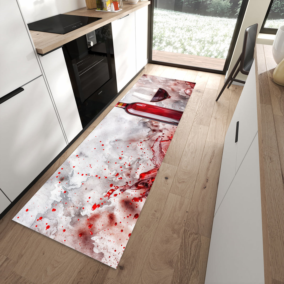 Fleckenresistenter Küchenteppich mit Motiv Rotwein mit Glas in moderner Küche