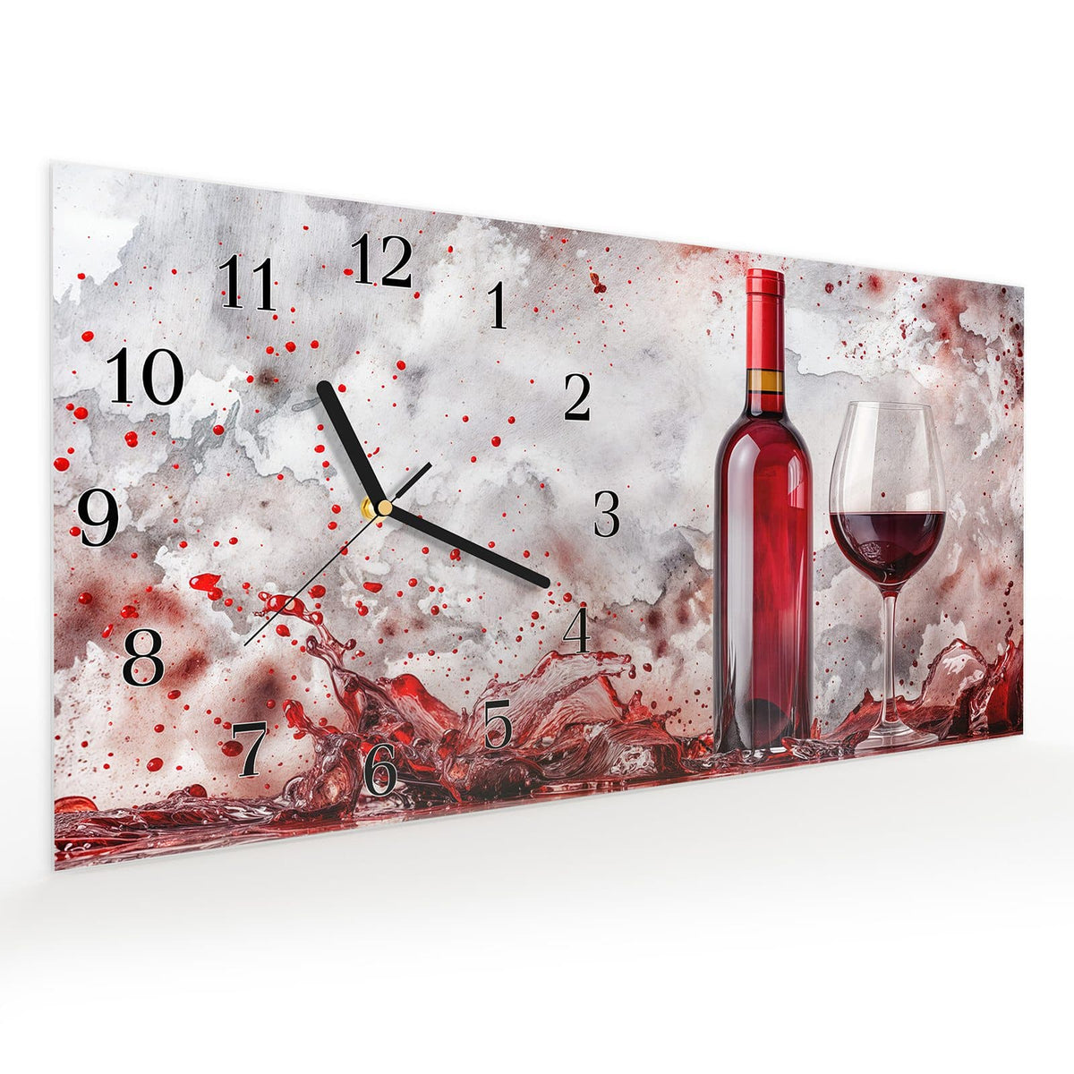 Vormontiert – mit Schwebeeffekt – Wanduhr Rotwein mit Glas aus Glas – Querformat 60 × 30 cm