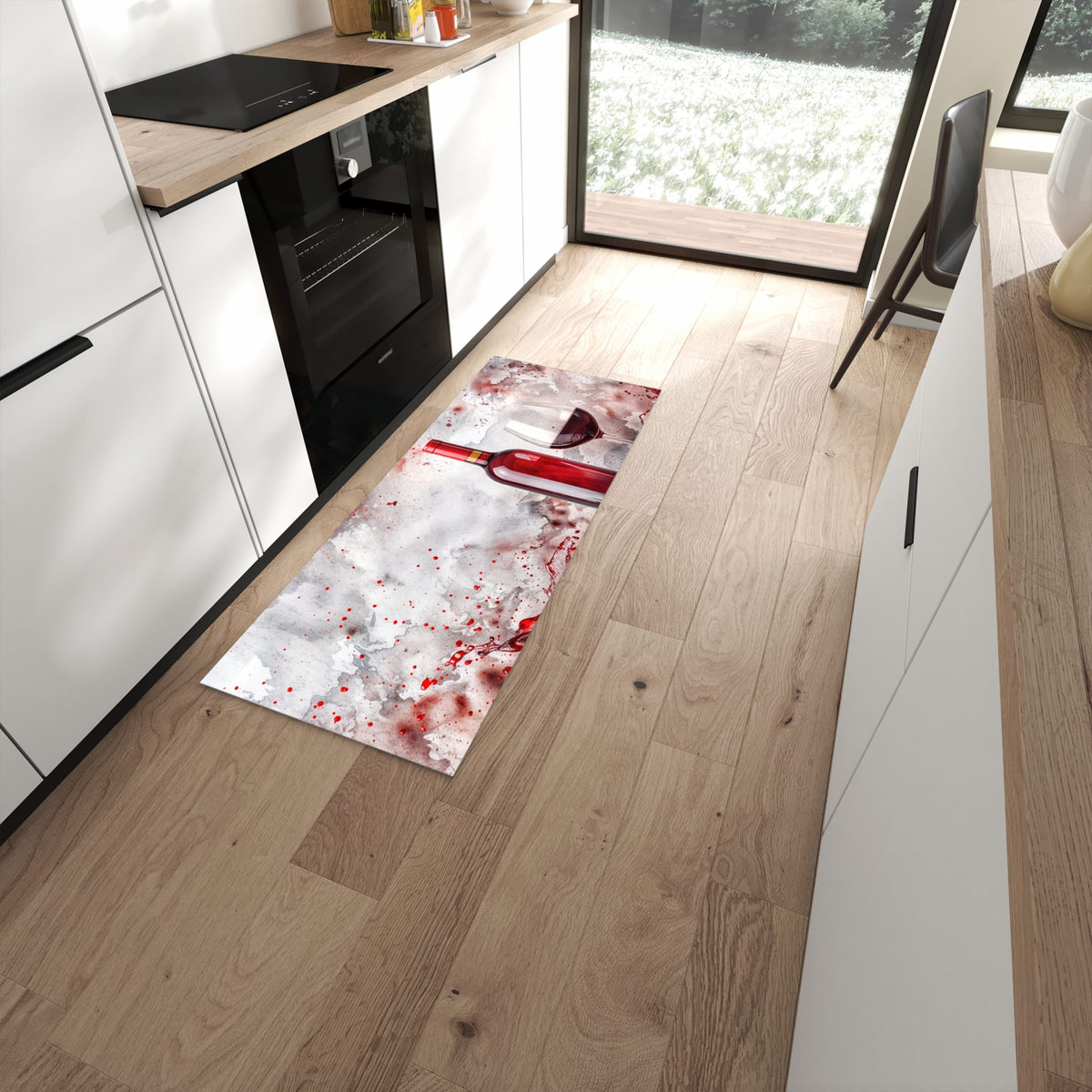Abwaschbarer Küchenläufer mit Motiv Rotwein mit Glas in moderner Küche #grösse_60 x 150 cm