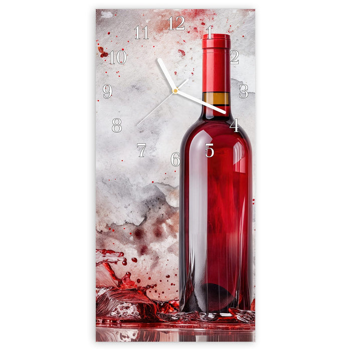 Wanduhr Rotwein mit Glas aus Glas – Hochformat 30 × 60 cm mit Ziffernblatt Klassisch