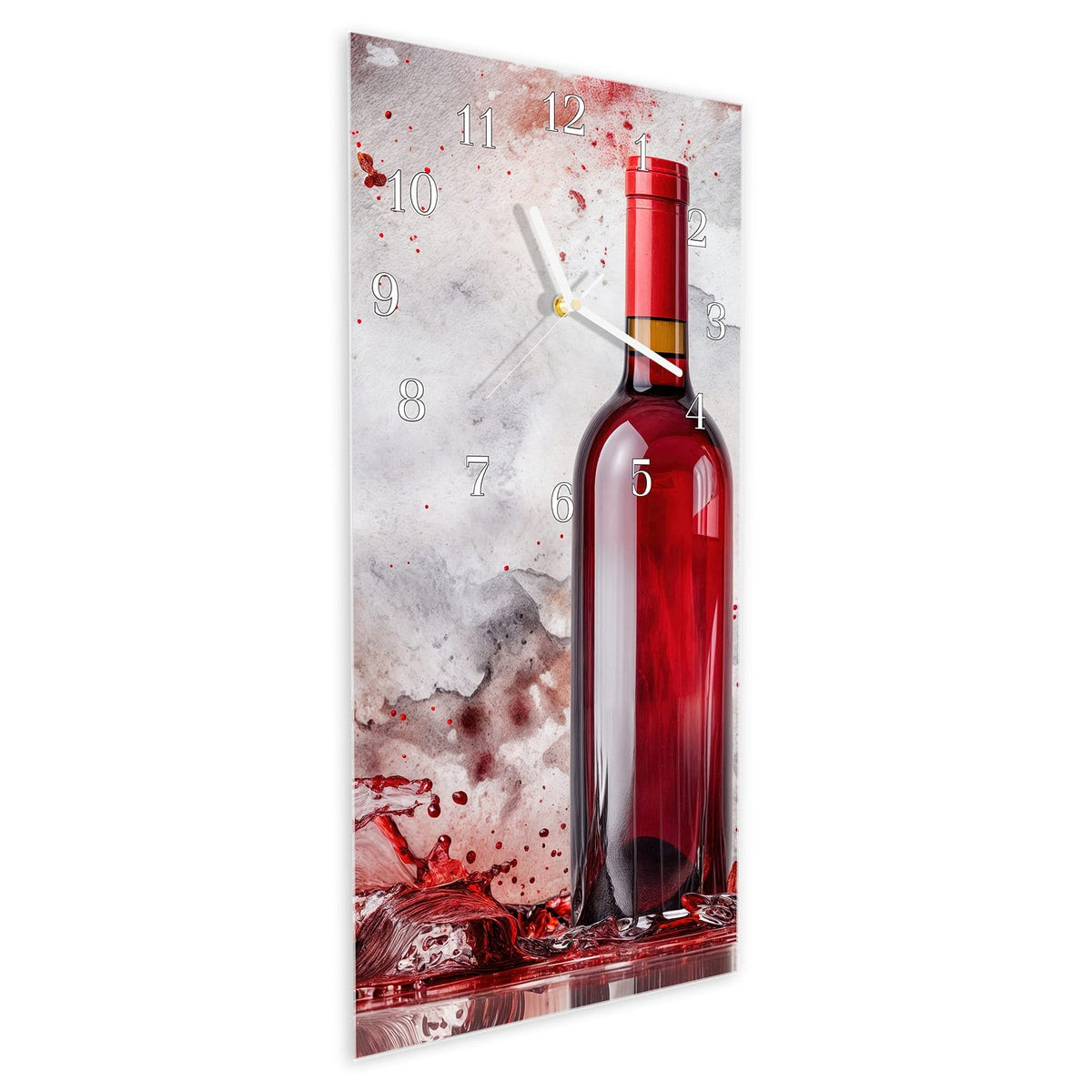 Vormontiert – mit Schwebeeffekt – Wanduhr Rotwein mit Glas aus Glas – Hochformat 30 × 60 cm