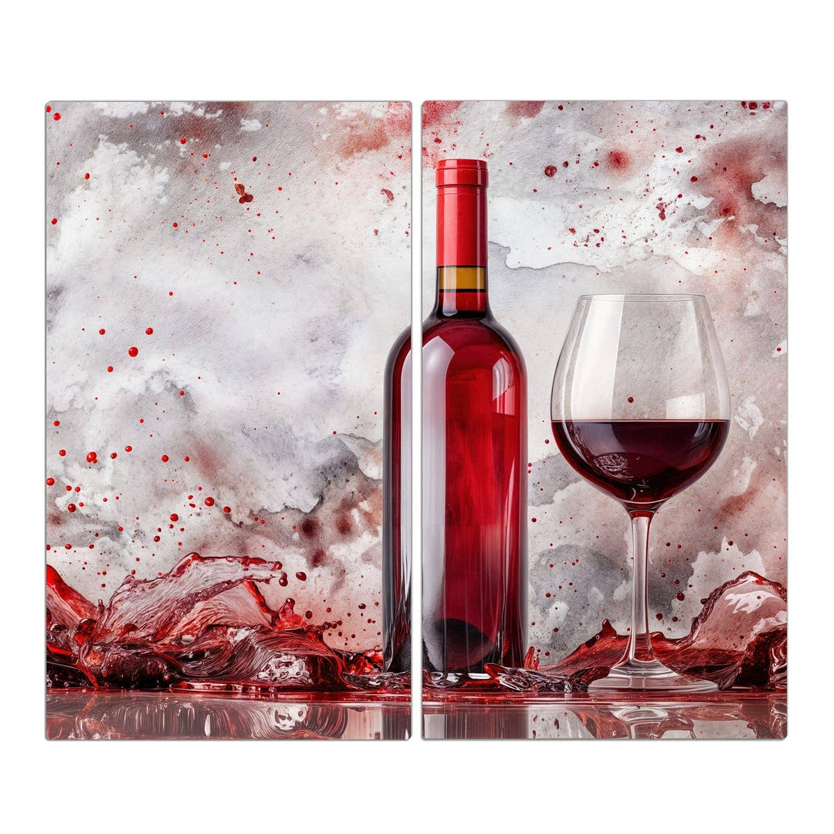 Rotweinflasche und gefülltes Glas, ringsum rote Weinspritzer vor marmoriertem Grund