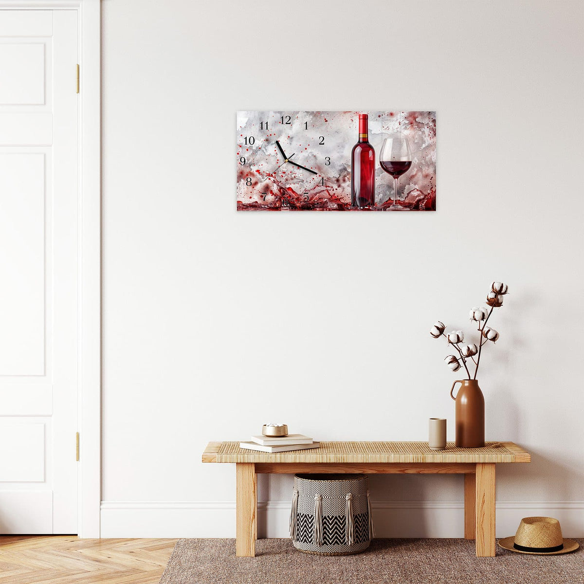 Moderne Wanduhr aus Glas mit Farbtiefe – Wanduhr Rotwein mit Glas aus Glas – Querformat 60 × 30 cm
