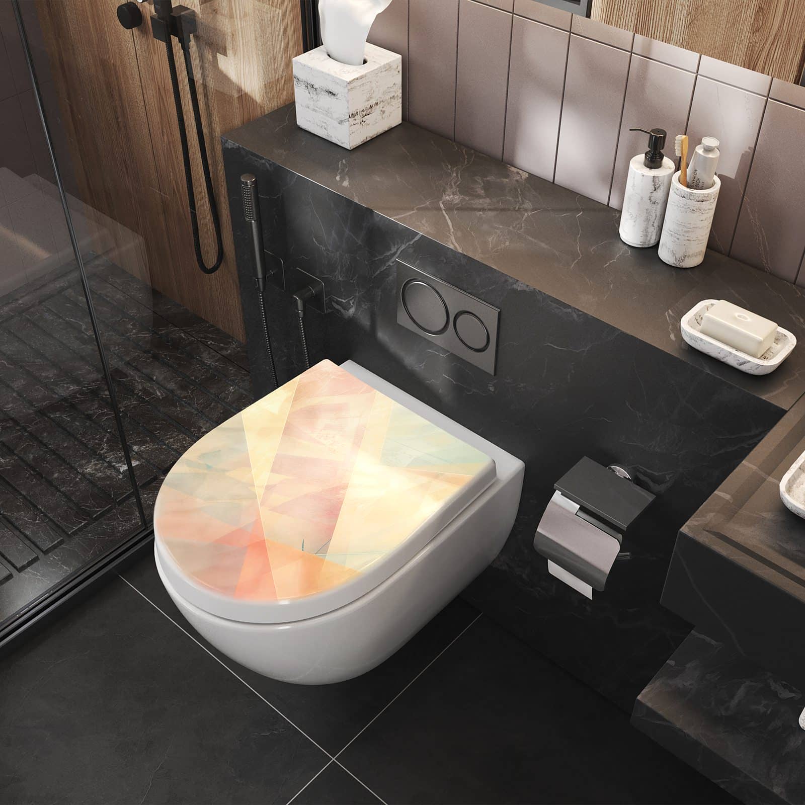 WC-Sitz mit Absenkautomatik Farbiges Geo Muster