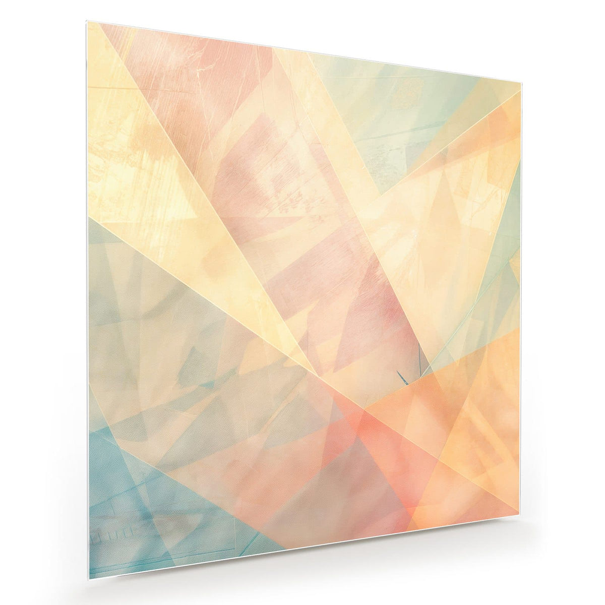 Sich überlagernde transparente Dreiecke in Pastellgelb, Rosa, Apricot und Mint