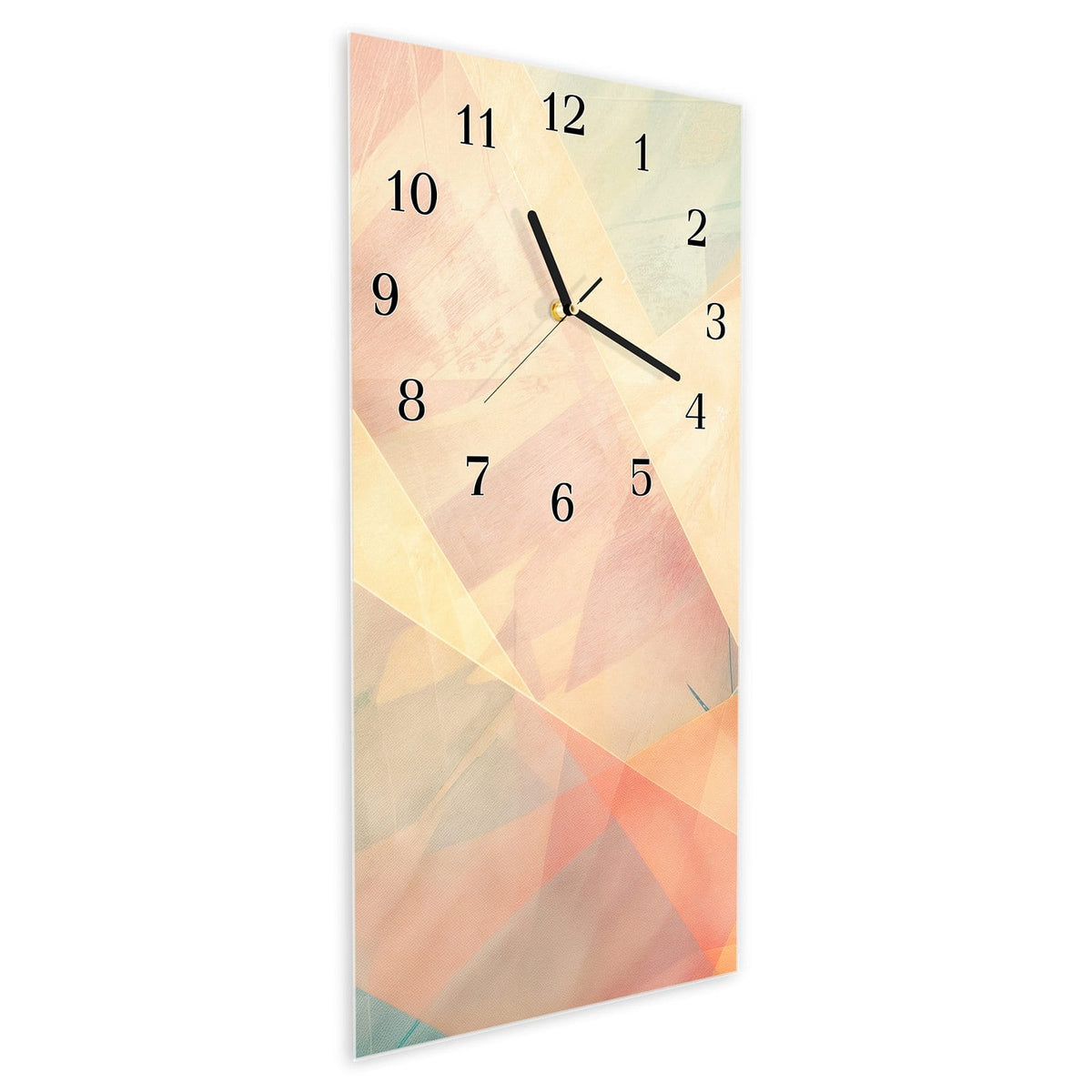 Vormontiert – mit Schwebeeffekt – Wanduhr Farbiges Geo Muster aus Glas – Hochformat 30 × 60 cm