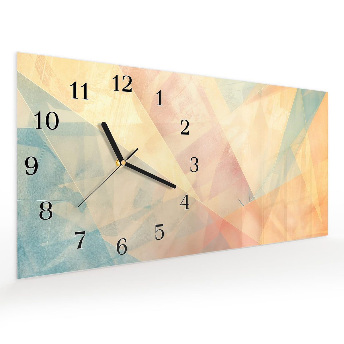 Vormontiert – mit Schwebeeffekt – Wanduhr Farbiges Geo Muster aus Glas – Querformat 60 × 30 cm