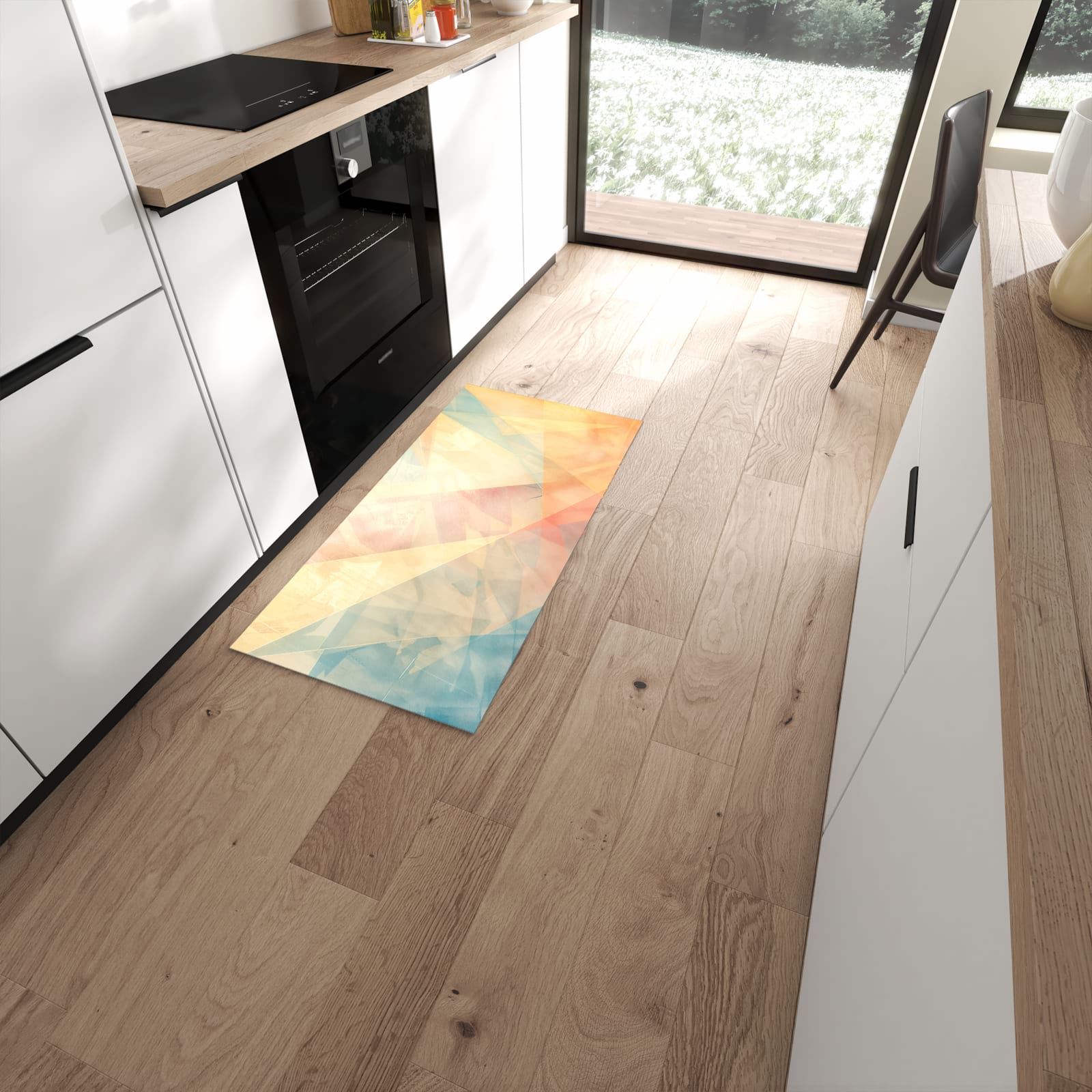 Rutschfester Küchenteppich mit Motiv Farbiges Geo Muster in moderner Küche #grösse_60 x 120 cm