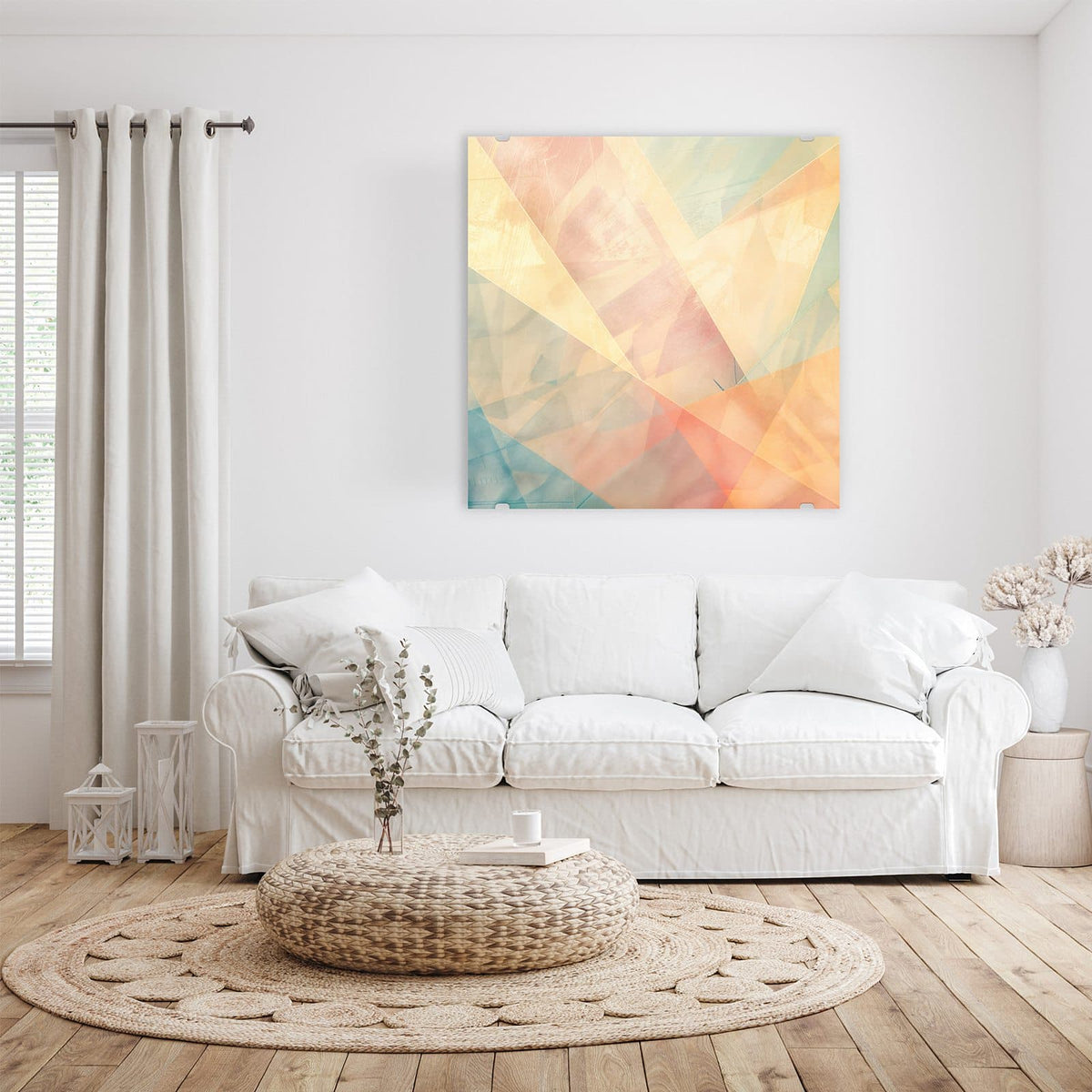 Glasbild Geometrie in Pastell an der Wand – Sich überlagernde transparente Dreiecke in Pastellgelb, Rosa, Apricot und Mint