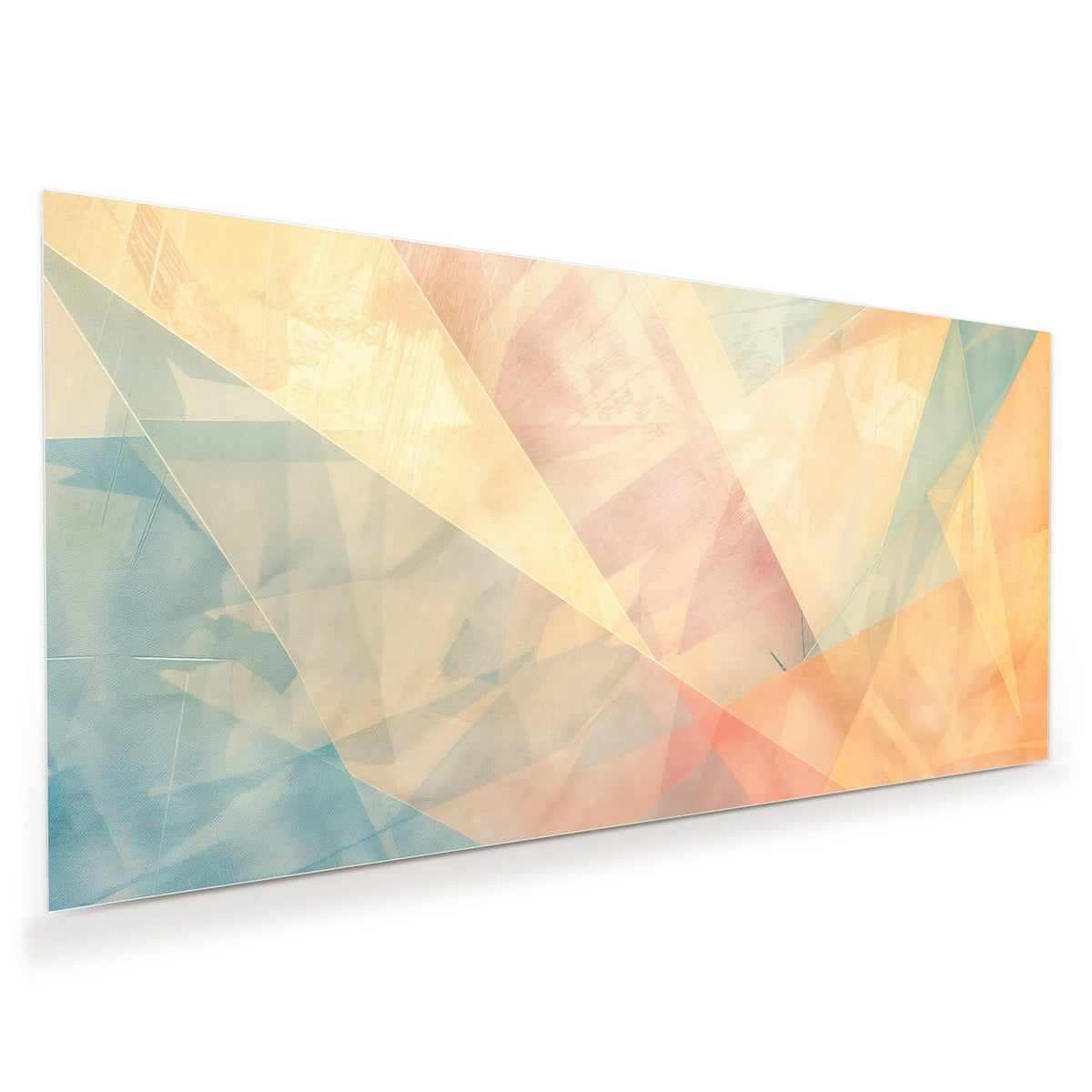 Sich überlagernde transparente Dreiecke in Pastellgelb, Rosa, Apricot und Mint