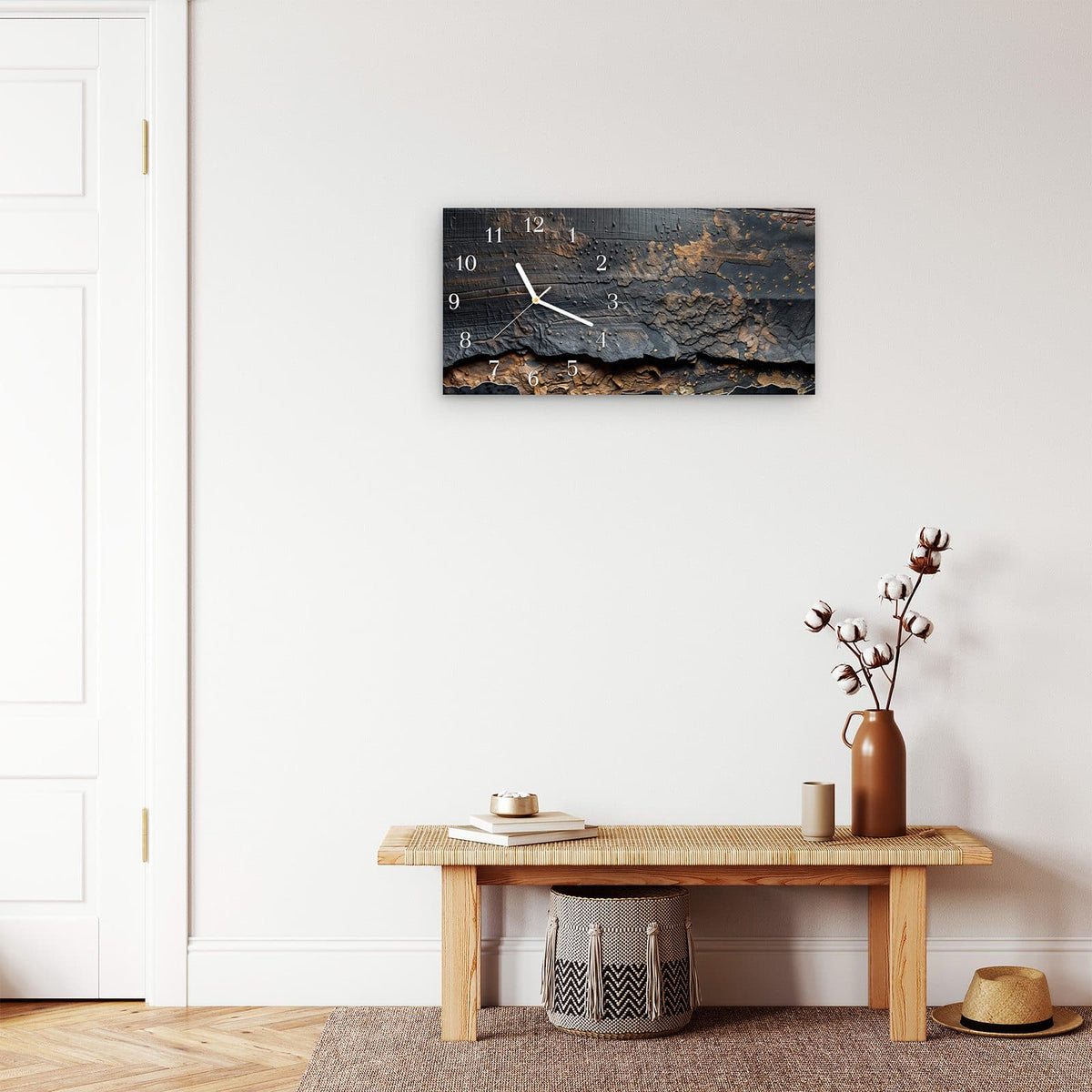 Moderne Wanduhr aus Glas mit Farbtiefe – Wanduhr Abstrakte & Struktur aus Glas – Querformat 60 × 30 cm