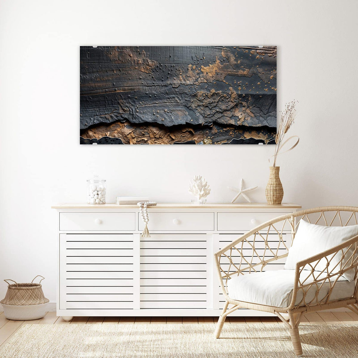 Echtglas, 4 mm – kein Acryl, keine Folie – Wandbild - Verkohltes Holz - Querformat